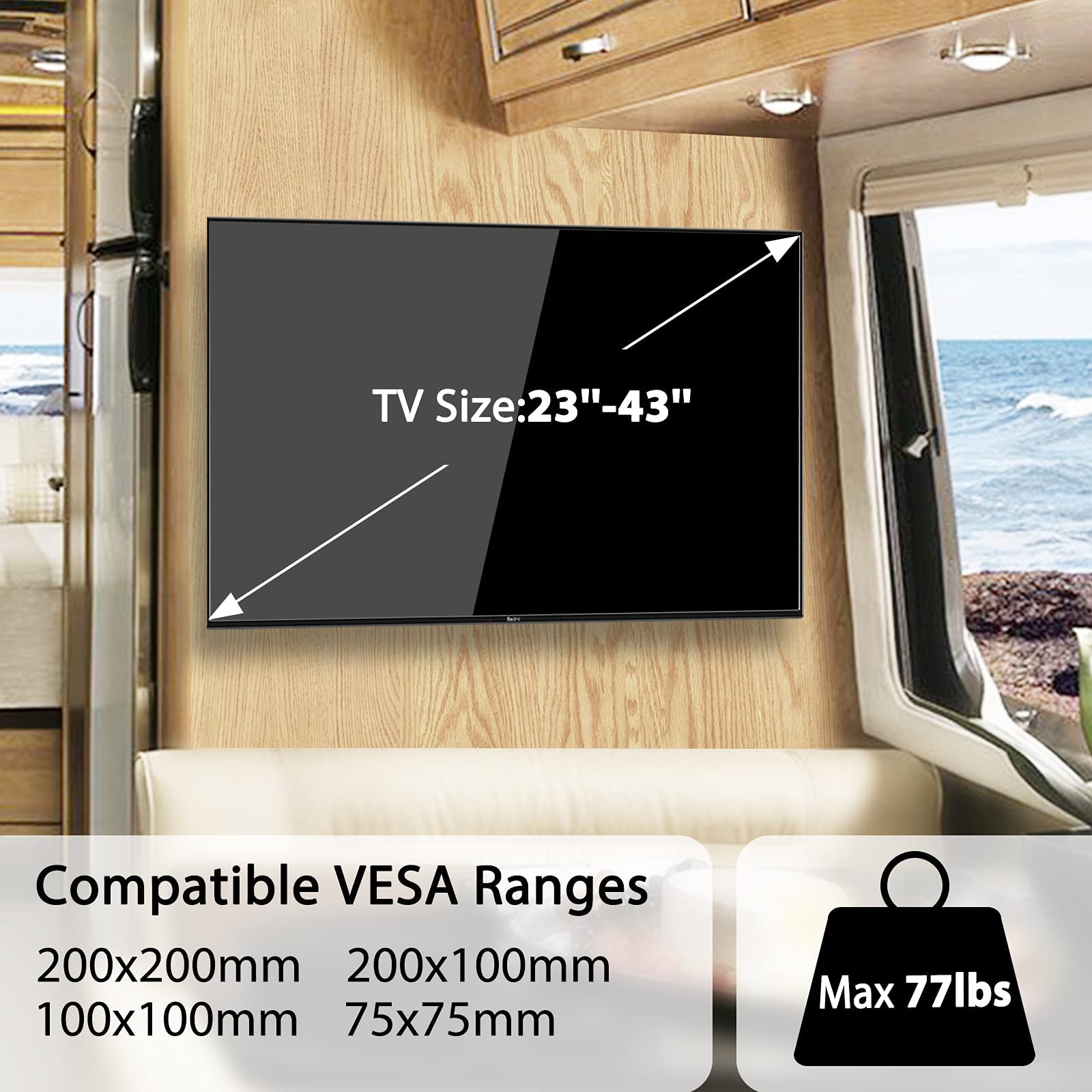 RV Lockable TV Wall Mount for Camper Full Motion Trailer Bracket with Articulating Arms for 23-43 Inch Flat Curved Screens up to 77 lbs VESA 200x200mm on Motor Home Truck Marine Boat 5