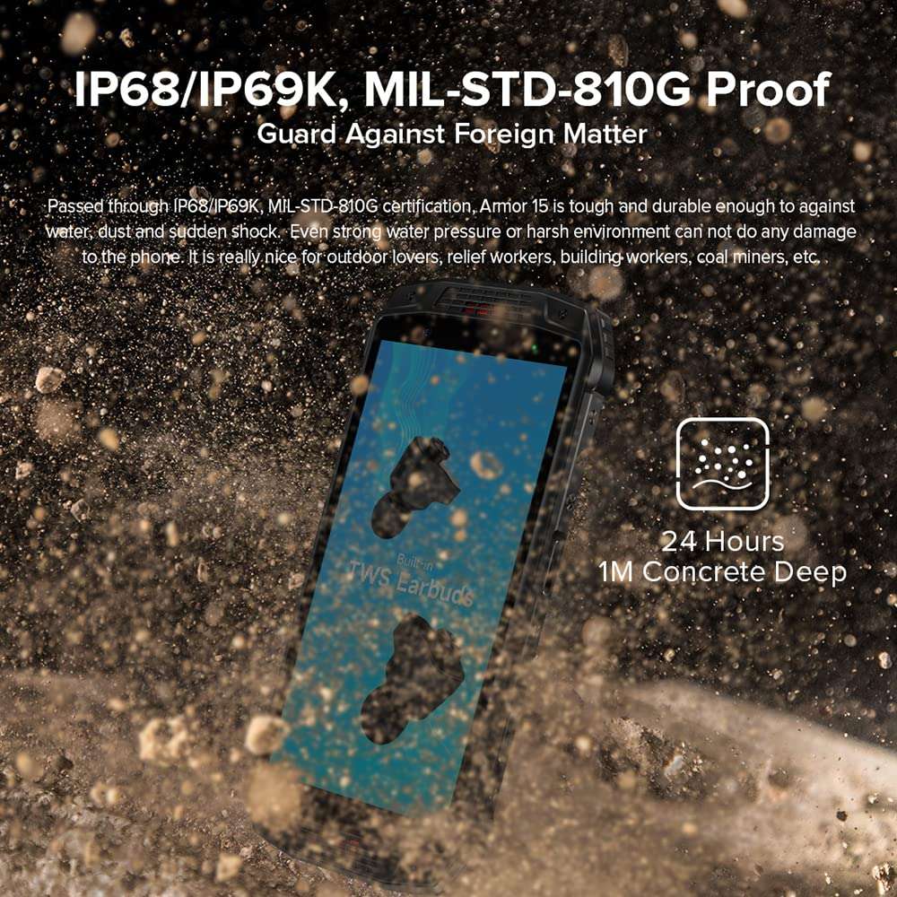 Ulefone Armor 15 Rugged Phone, Android 12 4GB+64GB, 16MP Camera + 8MP Camera, 5.93" HD+ Screen 9600mAh Battery Dual 4G Rugged Phone Support NFC GPS 6