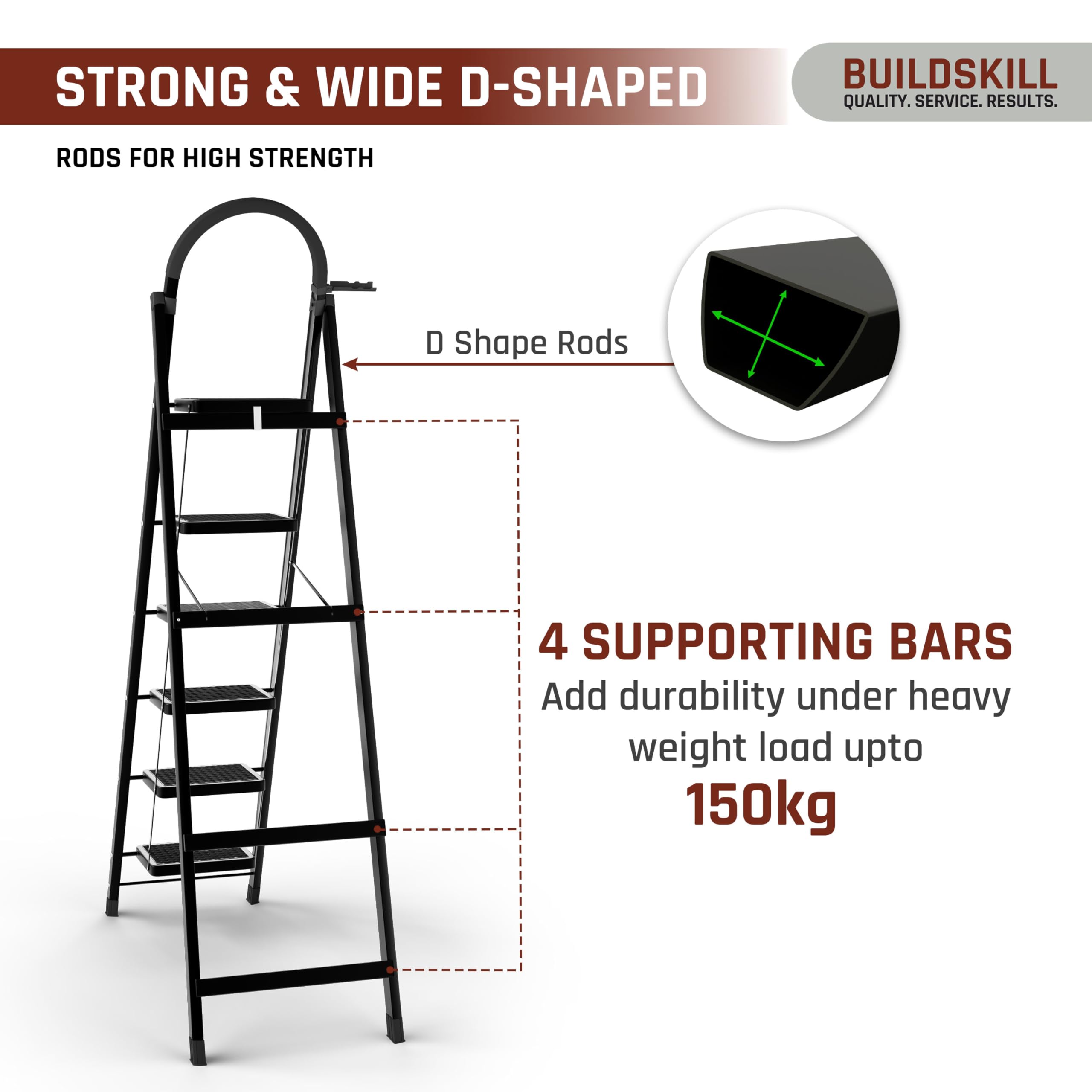 BUILDSKILL Black 6 Step Ladder for Home Use with Built-in Tool Tray | Heavy Duty D Shape Rods | 20 x 30 cm Large Step with Rubber Pad | Secure Lock | 150Kg Capacity Foldable Ladder - 5 Years Warranty 5