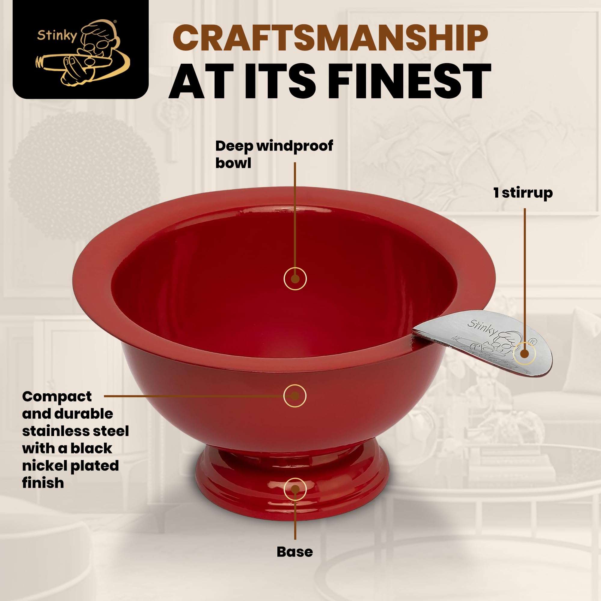 Stinky Cigar Personal Size Ashtray, Matte Red - Compact, Durable Windproof Stainless Steel Design with 1 Stirrup, Deep Bowl, Heat Resistant & Easy to Clean - Perfect Solo Smoker's Companion 4