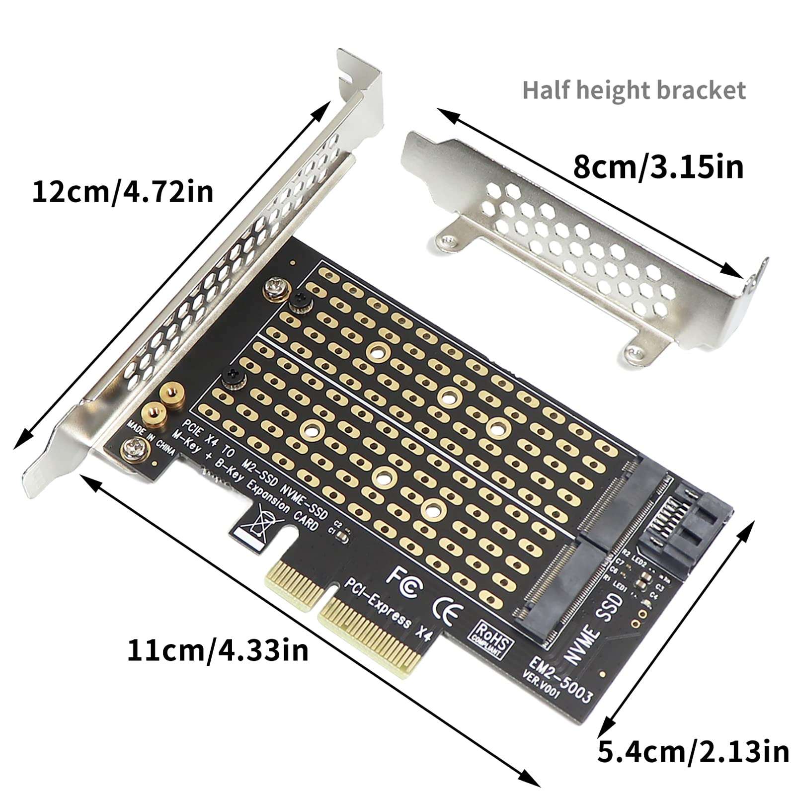 M.2 NVMe PCIe Adapter,Dual M2 SATA B Key and NVMe M Key to PCI-e x4 Adapter Card for 2280 2260 2242 2230 SSD, with M.2 Heatsink 3