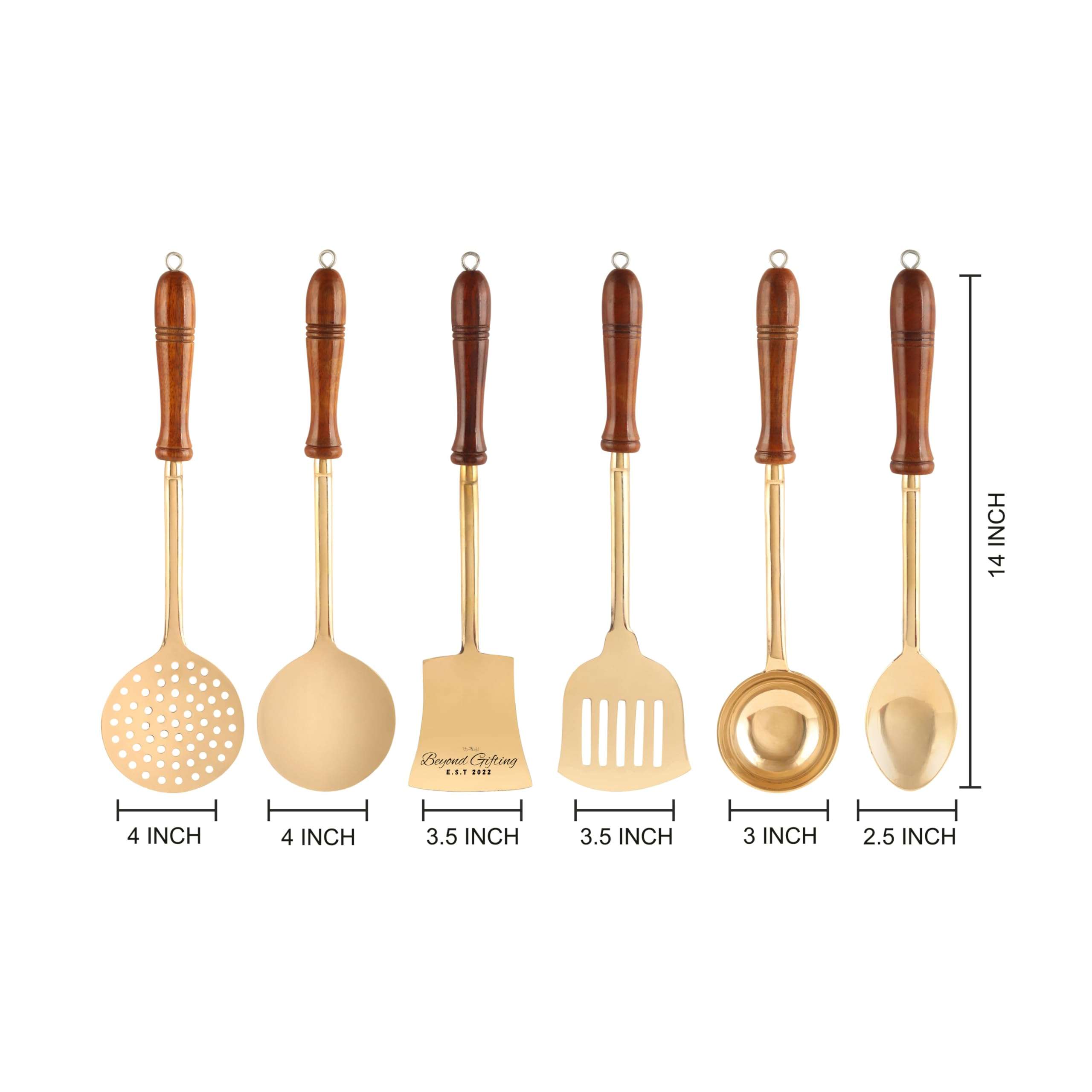 Beyond Gifting Premium Brass Kitchen Utensils Set of 6 with Wooden Handle Cooking Spoon Set Brass Serving Gold Spoon Set of 6 Pital Cooking Spoon, Salad Spoon, Flip Spatula, Ladle, Skimmer 5