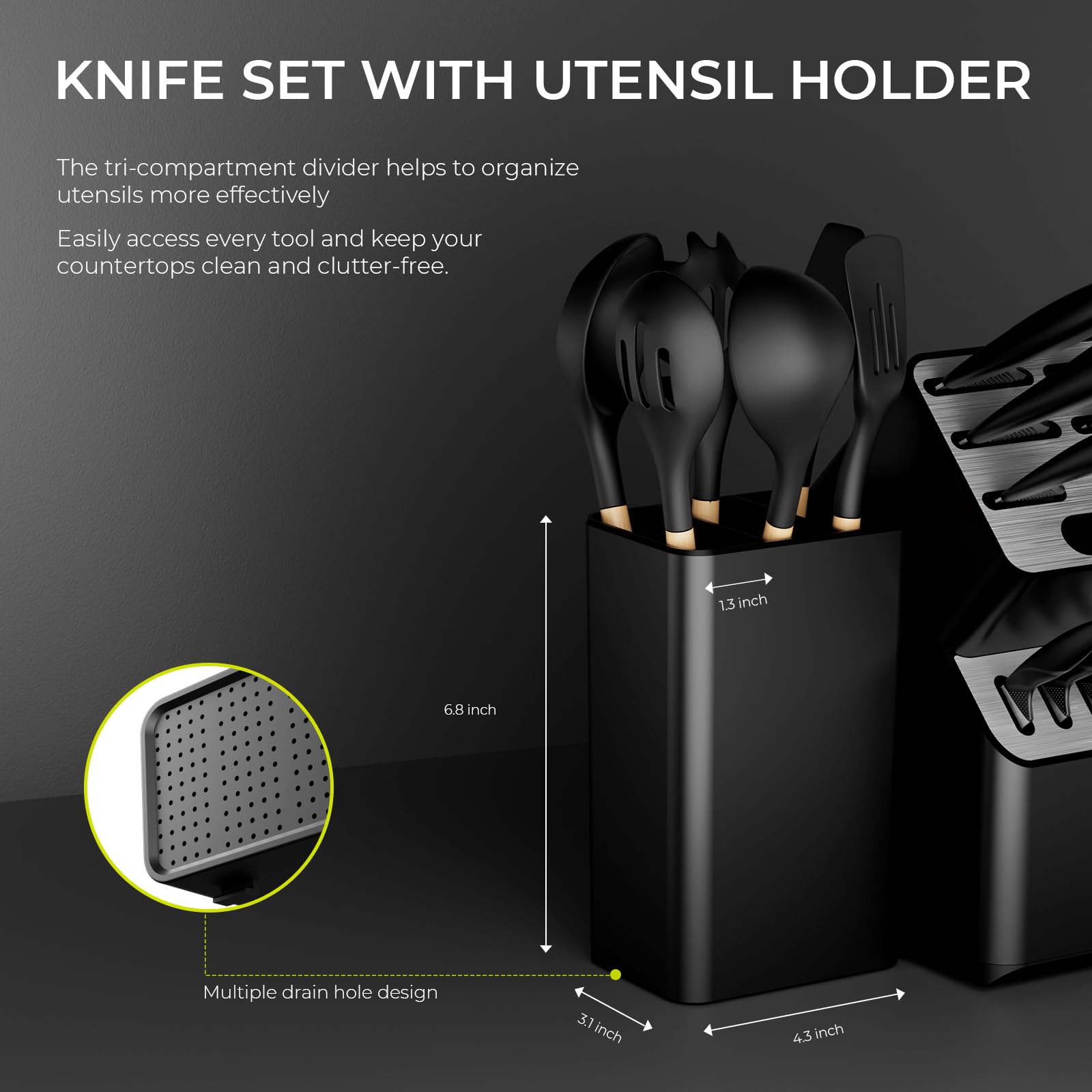 syvio Knife Set, 21pcs Utility Knife Sets for Kitchen with Block and Sharpener, Razor-Sharp, Effortless Sharpening, Premium Kitchen Knives with 6 pcs Kitchen Utensils Set and Utensil Holder, Black 5