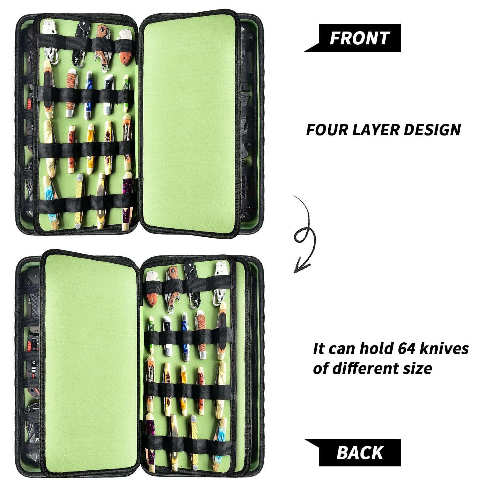 Display Case for 66+ Pocket Knives. Folding Holder, Butterfly Storage Organizer, Roll Collection Pouch Carrier Bag for Survival Tactical Outdoor for EDC Mini Knife -Green 4