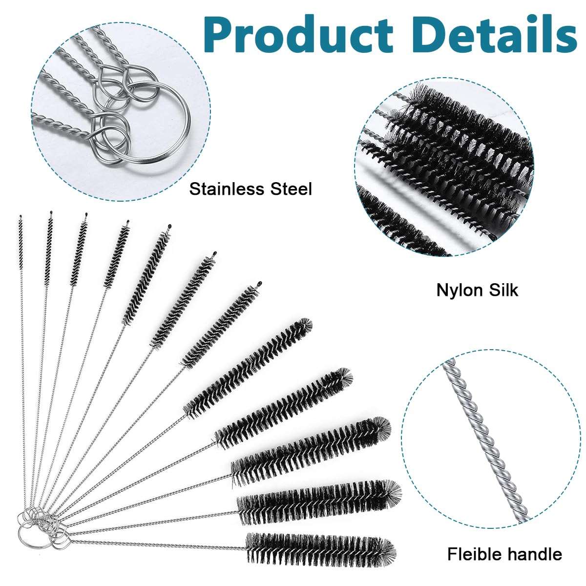 HASTHIP® 12pcs Straw Cleaner Brushes, 8 Inch Tube Cleaning Brush and Nylon Pipe Brush Kit for Sippy Cup, Tumbler, Water Bottle, Drinking Straw, Black 3