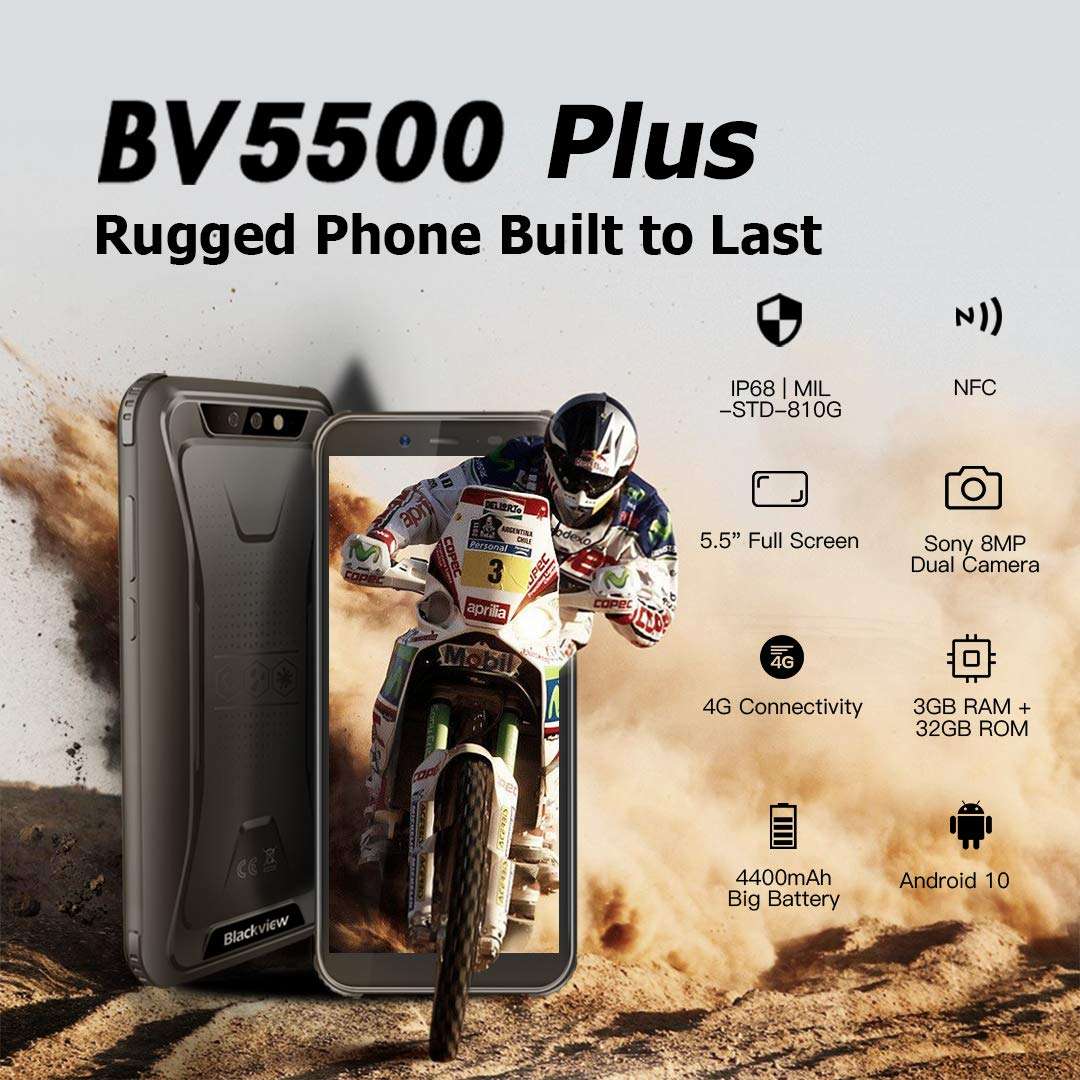 Blackview BV5500 Pro Rugged Cell Phone Unlocked 4G LTE, 5.5 inches, MT6739, 4400mAh Battery, 3+16GB, Android 9 Mobile Phones, IP68 Waterproof Outdoor Smartphone,Dual SIM/NFC/GPS, AT&T/T-Mobile-Black 3