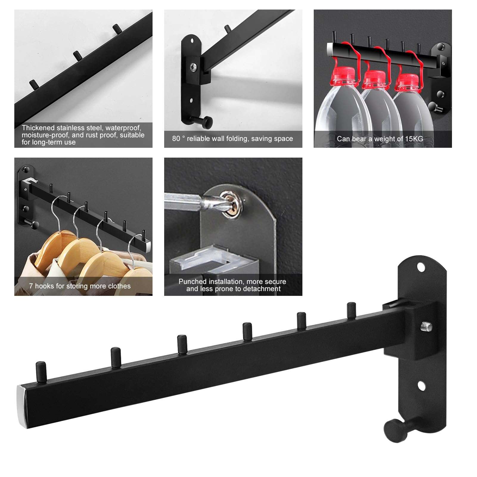 KKONHII Folding Wall Mounted Clothes Hanger Rack with Stainless Steel Heavy Duty Coat Hooks, Space Saving Clothing Hanging System Closet Storage Organizer for Bathroom Bedroom Laundry Room 4