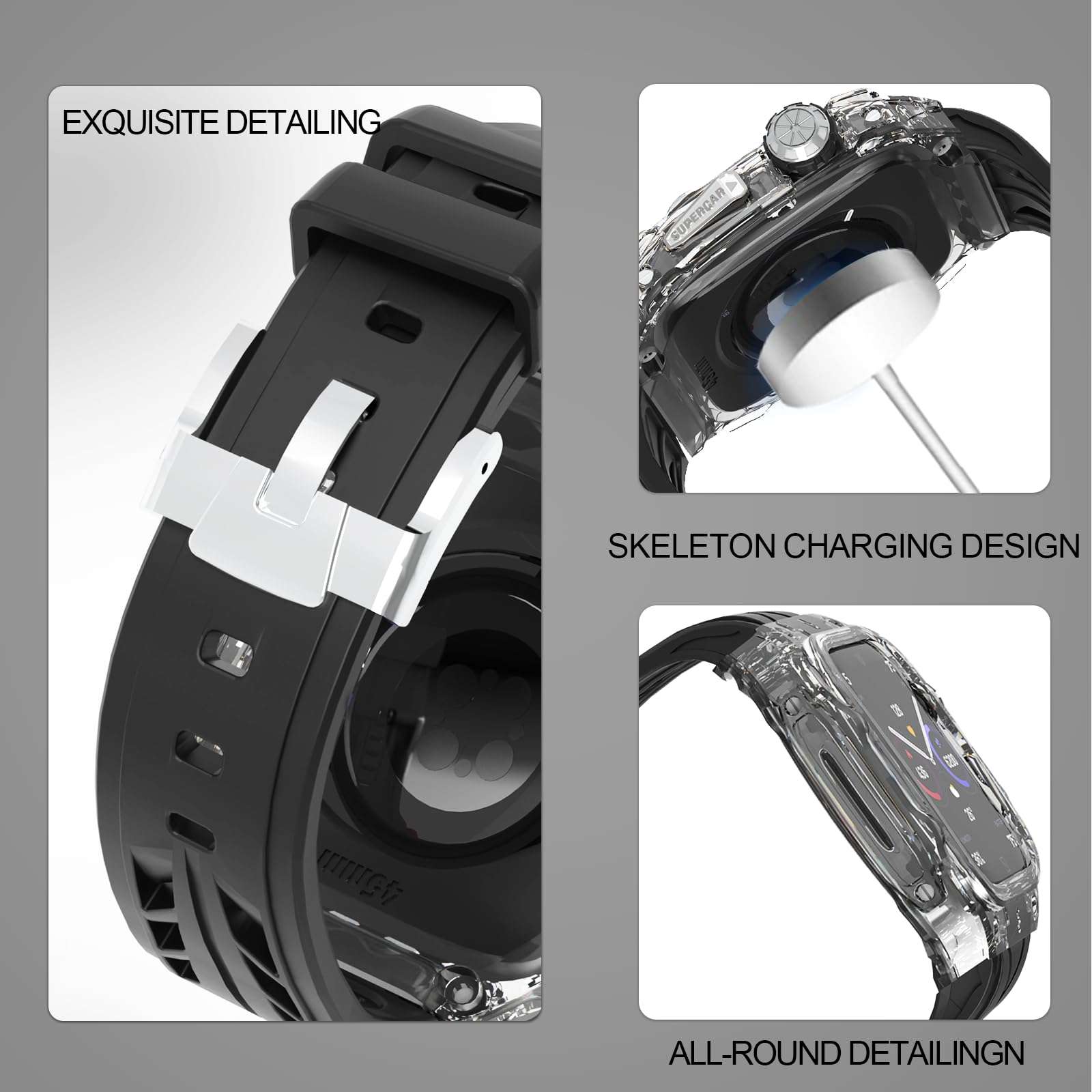 Silicone Case for Apple Watch 9 8 7 45mm 6 44mm, Men Sport Bands Rugged Case for iWatch 6 5 4 SE 44mm Full Protective Cover, Novetly Designed for Apple Watch Case with Luxury Band Case Gifts,Black 5