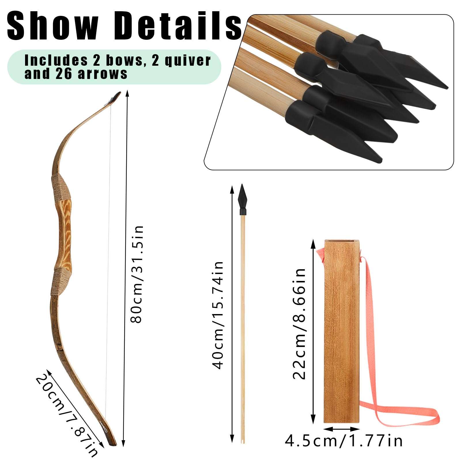 Lenwen 4 Sets Wooden Bow and Arrow Archery Set Includes Wooden Bow Wood Arrows and Arrow Holders Handmade 32 Inch Toy Bow and Arrow Archery Set Outdoor Indoor Games Toys Gifts for Youth (Brown) 2