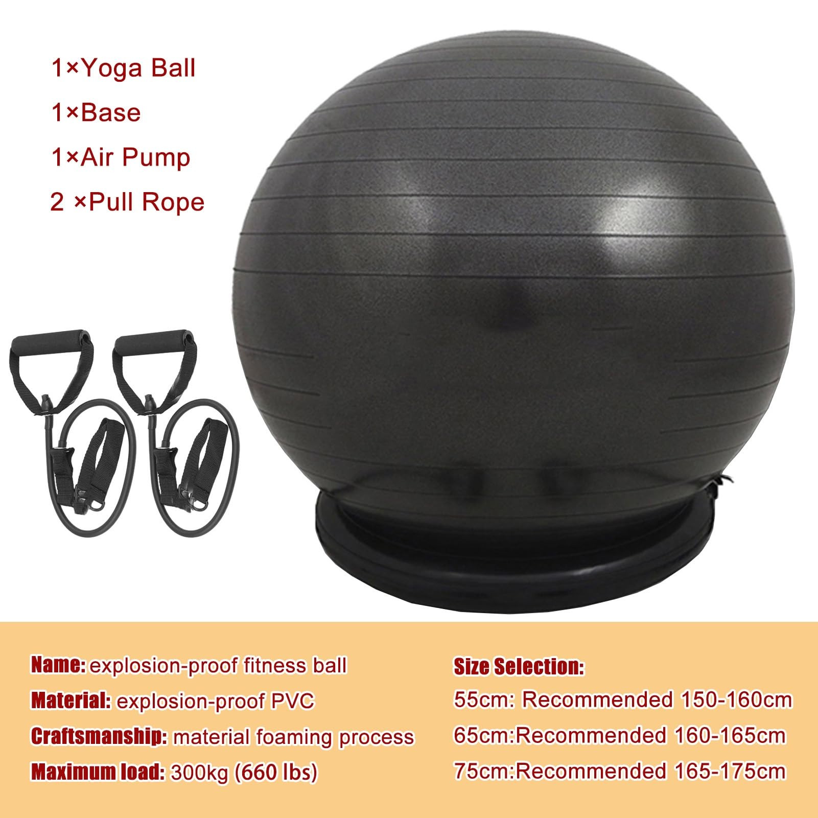 NUNETH Pregnancy Ball Balance Ball Support Chair Kit, PVC Burst Proof Exercise Ball with Ball Base Pump and Resistance Bands, Yoga Pilates Fitness Ball (Color : Black, Size : 55cm (Height 150-160cm)) 4