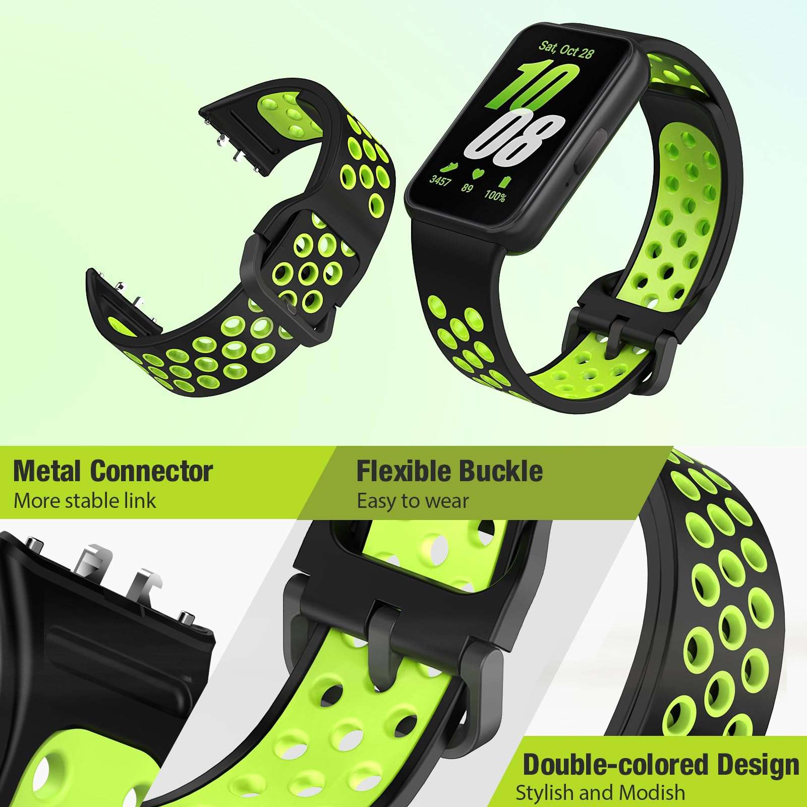 Sports Watch Band for Samsung Galaxy Fit 3, Two-color Perforated Breathable Replacement Wristband for Men and Women, Black Lime 4