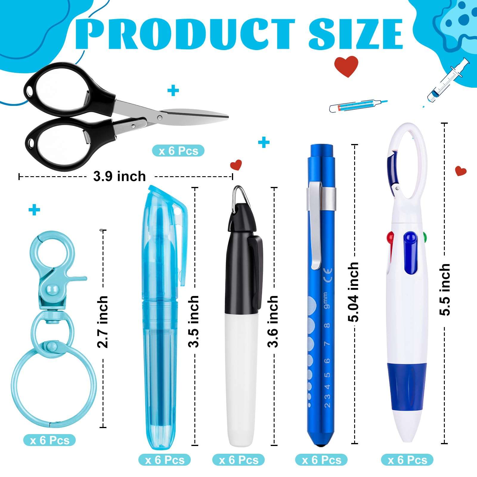 KFPPLXQ 36 Pcs Nurse Pens Set Include Multiple Colors Tip Permanent Marker Flashlight Pen Retractable Ballpoint Pens Foldable Scissors with Nursing Keychain Clip for Nurse Gift 3