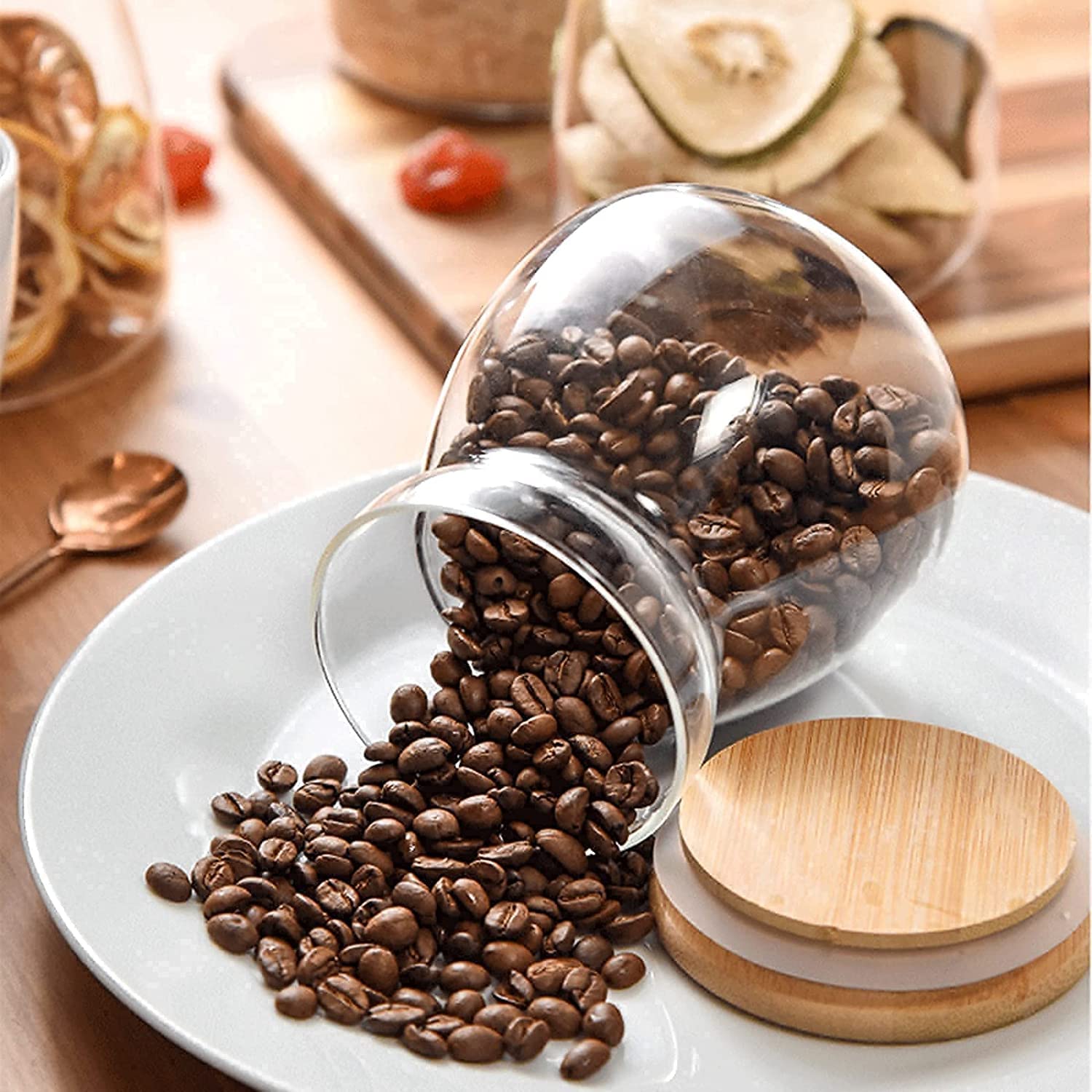 Zinble09 Glass Jar with Airtight Lid , Glass Canister with Wood Lid, Storage Container Jars for Coffee, Tea, Spice, Sugar, Salt ( 650Ml - 1 Pcs ) 5