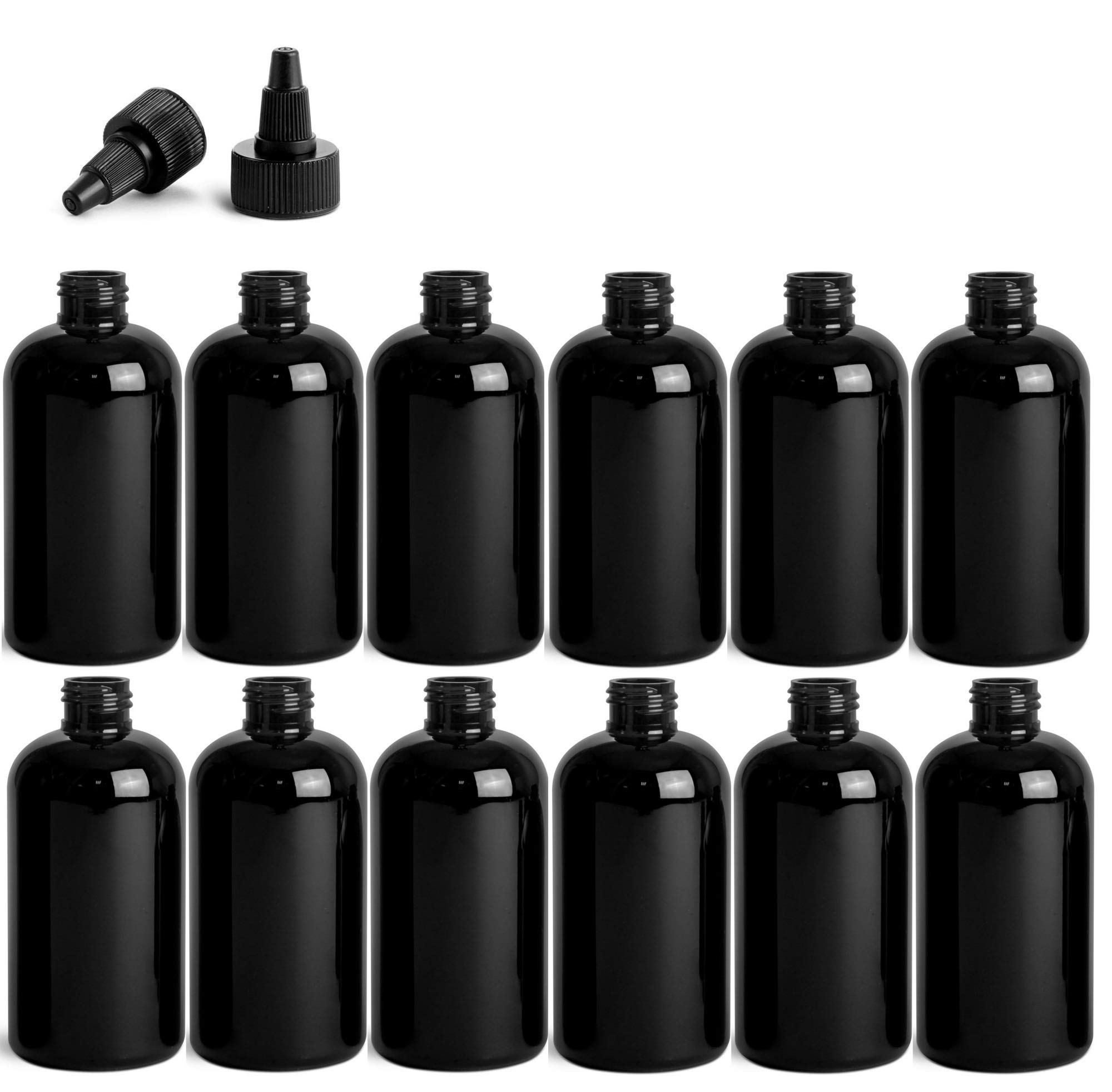 Premium Essential Oil 8 Ounce Boston Round Bottles, PET Plastic Empty Fillable BPA-Free, with Black Twist Caps (Pack of 12) (Black) 1