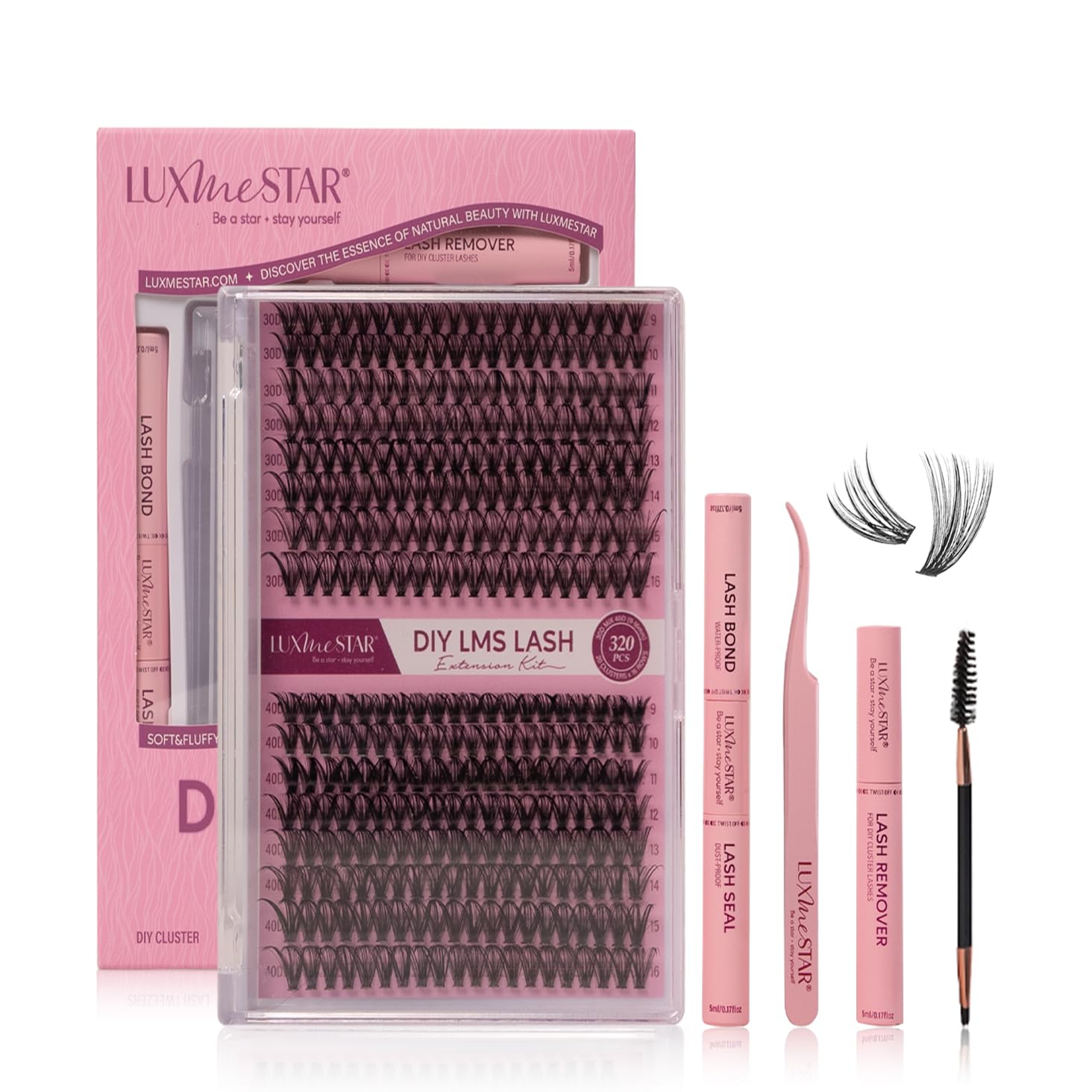 LuxMeStar DIY Lash Extension Kit 320pcs Individual Lashes Cluster D Curl Eyelash Extension Kit with Lash Bond and Seal and Lash Applicator Tools (KIT, 30D+40D, 9-16mm)