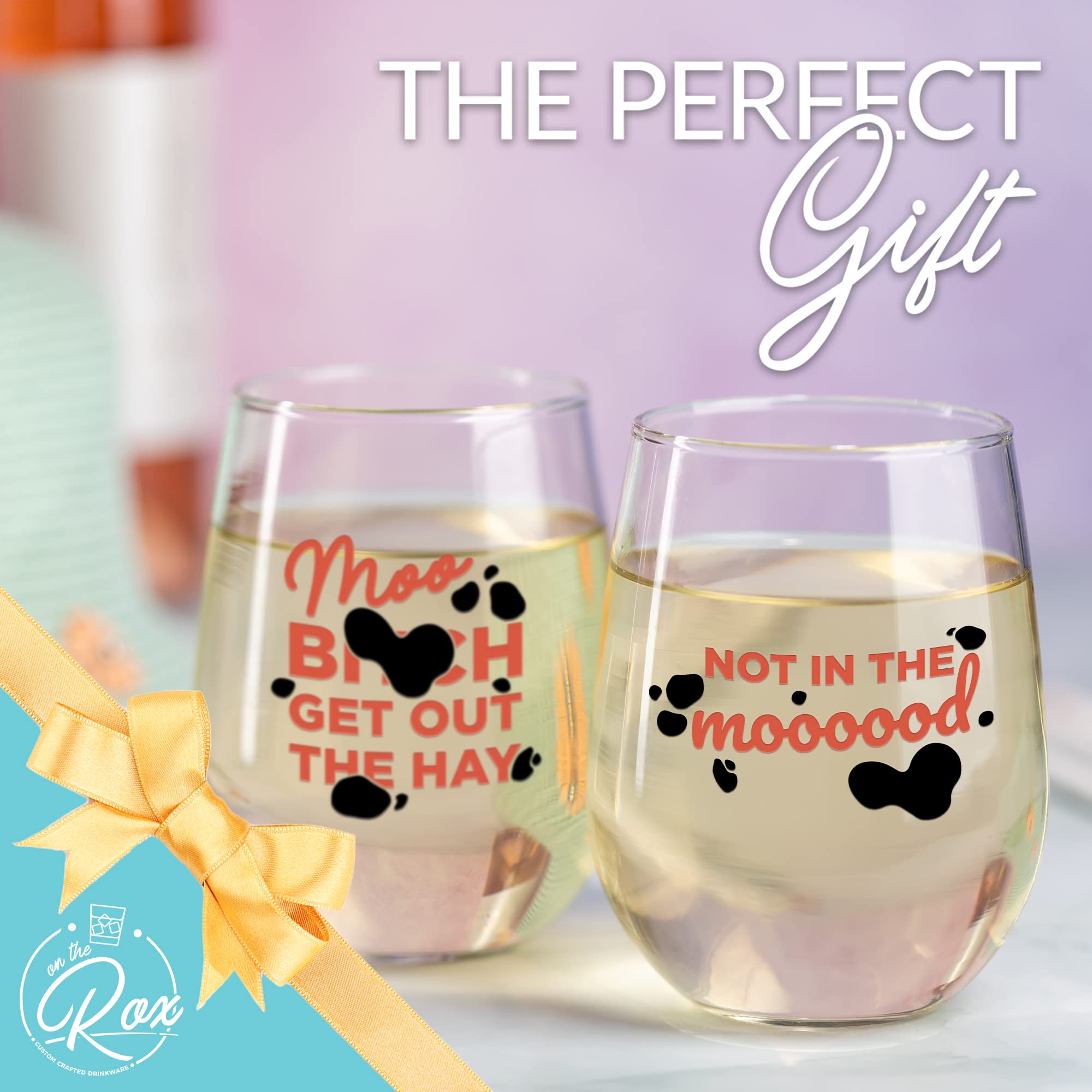 Fun Cow Gifts for Cow Lovers - "Not In The Mood" "Moo, B***h Get Out The Hay" 17 Oz 2PC Stemless Wine Glass Set, Colored - Fun Cow Glasses - Cute Cow Stuff, Cow Cups - Cow Themed Gifts for Women 5