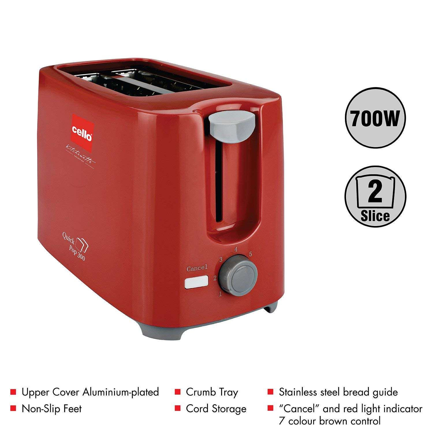 Cello Quick 2 Slice Pop Up 300 Toaster (Red) 5