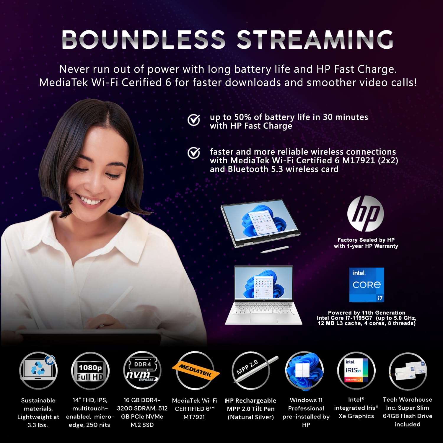 HP Pavilion x360 Laptop 14 i7-1195G7 11th Gen, 16GB RAM, 512 GB SSD, 14" FHD Touch, Win 11 Pro, Wi-Fi 6, Tilt Pen, Silver, B&O Audio, 3.3lbs, 64 GB TW Flashdrive 4