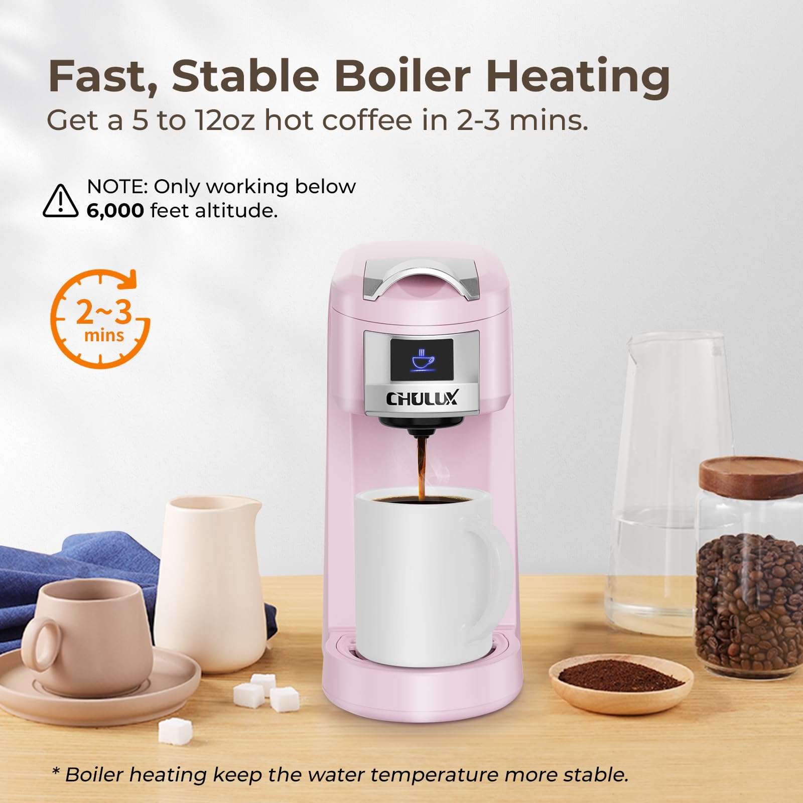 CHULUX Classic Single Serve Coffee Maker for K Cup, One Button Easy Coffee Machine for Office, RV, Travel and Dorm, Pink 3