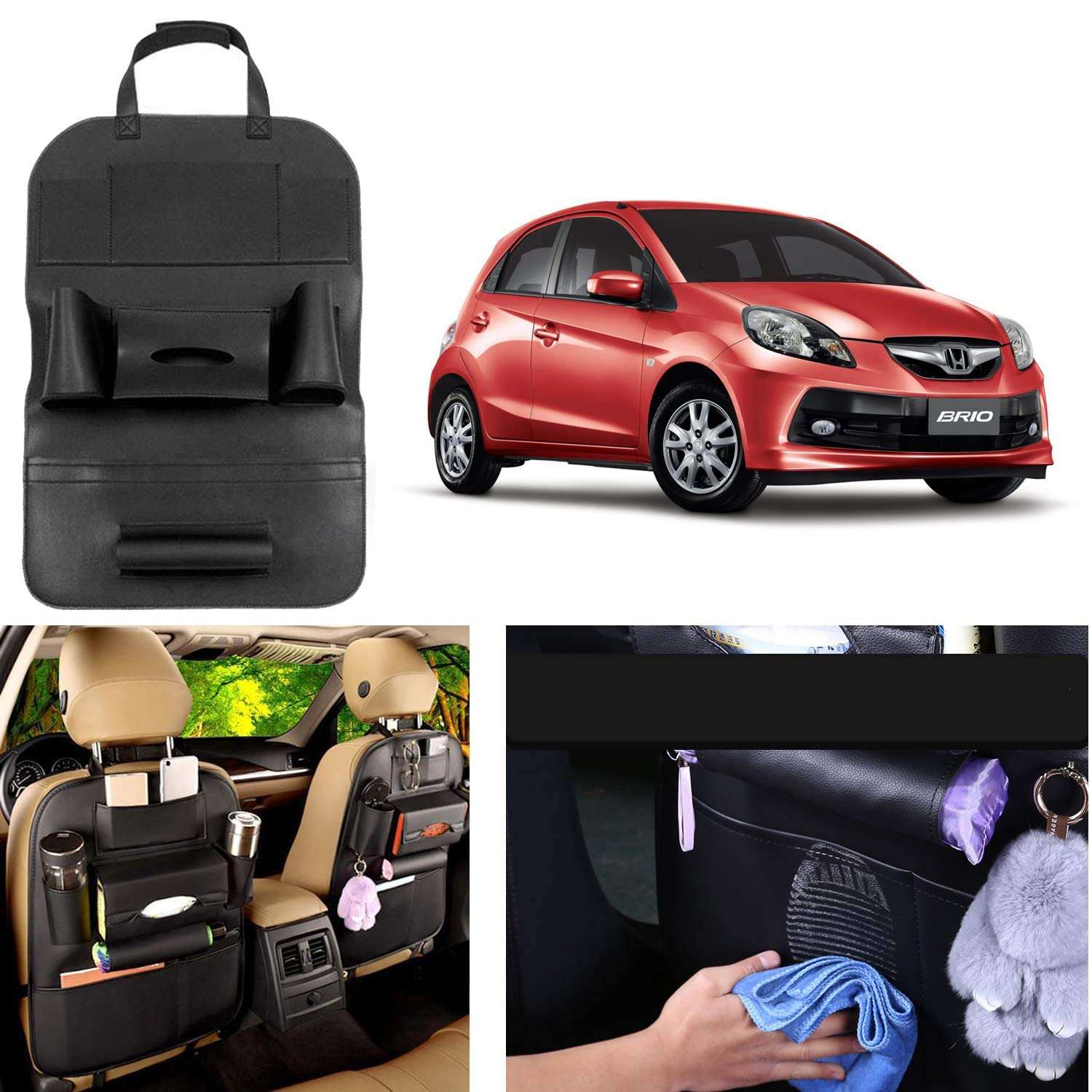 Oshotto Car Backseat Storage Organizer Phone Holder,Multi-Pocket for Bottles, Tissue Boxes,Kids Toy Storage and Great Travel Accessory Compatible with Honda Brio (Black) 2