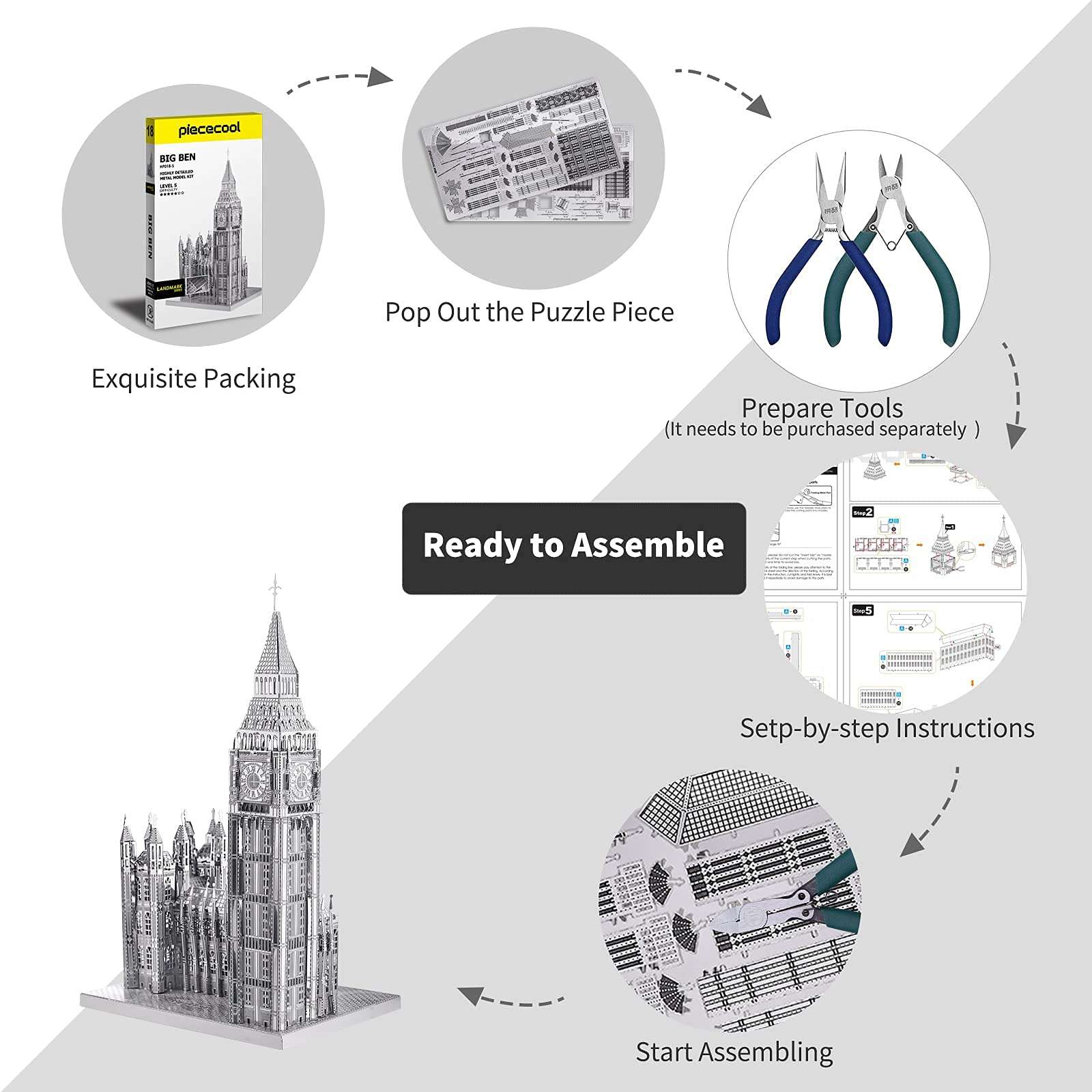 Piececool 3D Puzzles for Adults Metal Big Ben Model Kit, The Clock Tower London Architecture Building Kit, STEM Toys for Teens Boys, Great Halloween, 49Pcs Silver 3