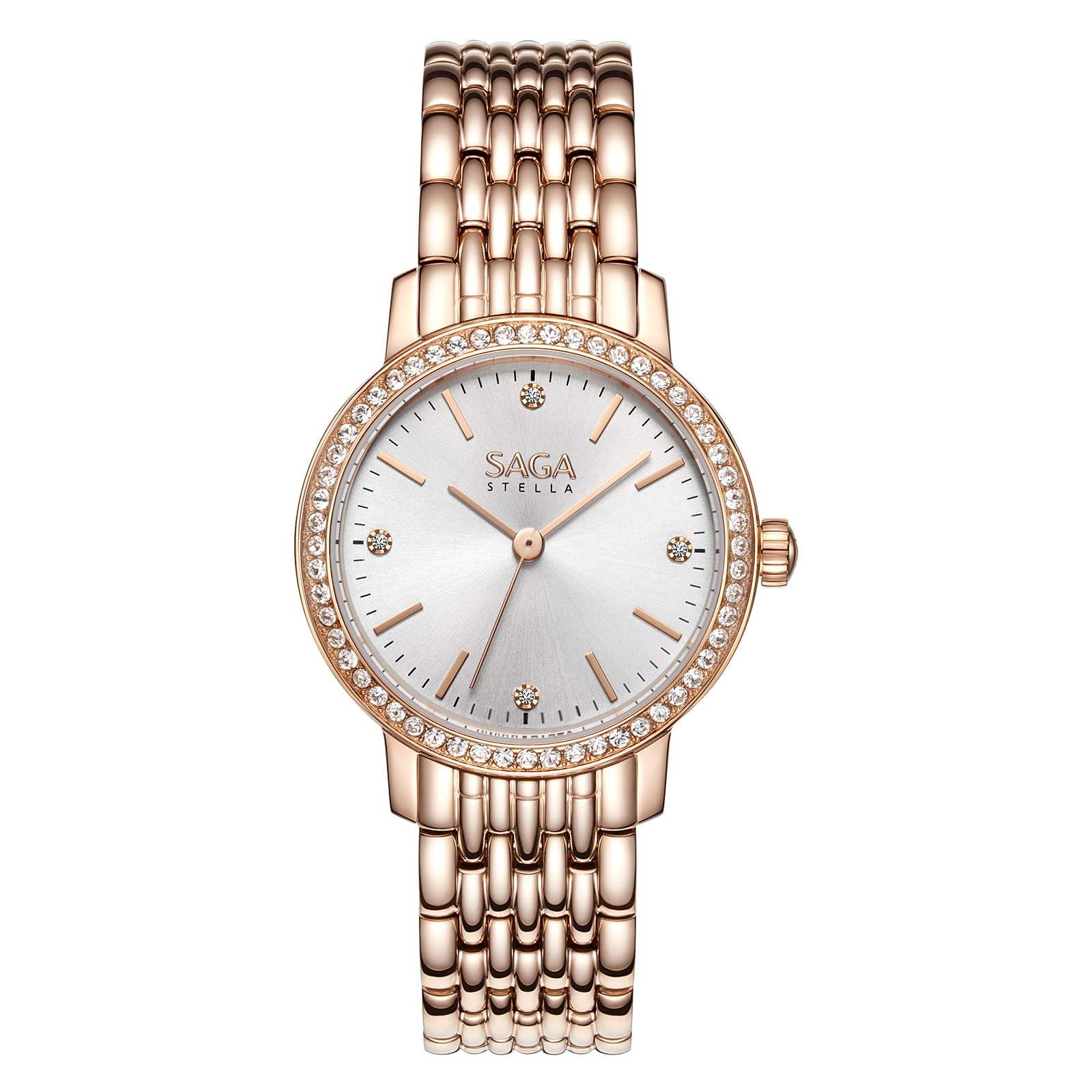 SAGA Luxury Crystal Ladies Watch Stainless Steel Crystal-Accented Dress Watch As Gift for Women Light Rose Gold 1