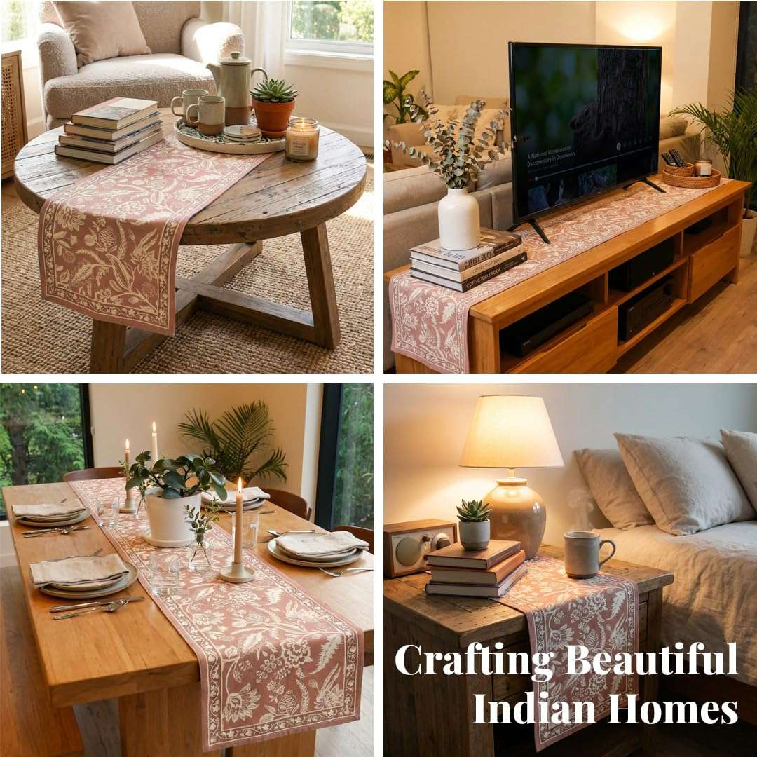 Peepul Tree Handmade Table Runner-4 Seater| Cotton Canvas Fabric Table Runner for Coffee & Centre Table | Non-Slippery | Heat-Resistant |12" x 60"Inch | Peach | Home Decor Gift Items 4