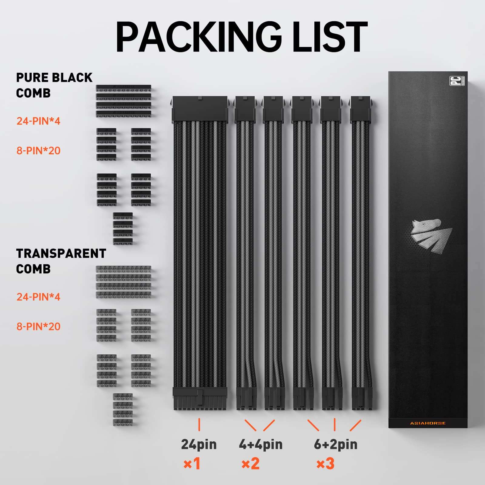 Asiahorse Power Supply Sleeved Cable for Power Supply Extension Cable Wire Kit 1x24-PIN/ 2x8-PORT (4+4) M/B,3x8-PORT (6+2) PCI-E 30cm Length with Combs(Dual EPS Black-Mix) 2