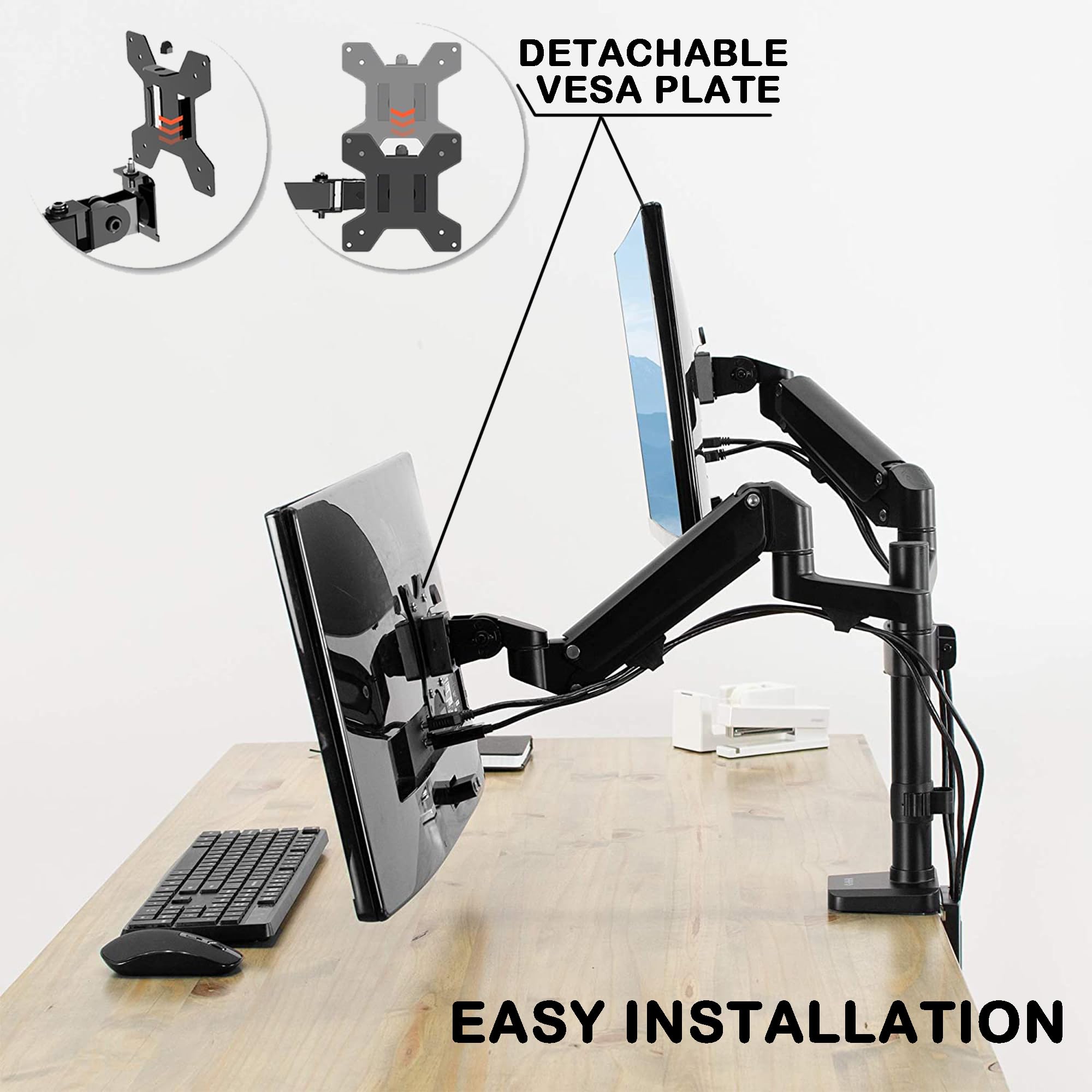 Dual Monitor Stand, Height Adjustable, Pneumatic Dual Monitor Arm Mount for 17 to 32 inch Screens, Full Articulating Tilt, Heavy Duty VESA Stand with Desk C-clamp and Installation Tools 5
