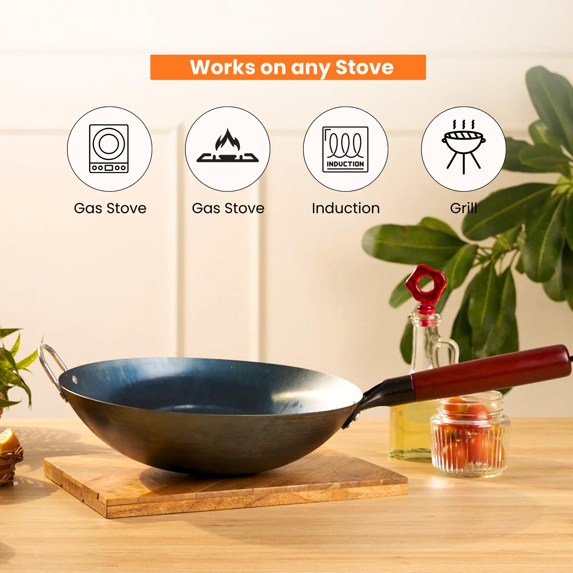 HomeEssentials Heavy Duty Iron Pan With Wood Handle, Chinese Wok With Handle 10Cm X 30Cm, Non-Coated & Non-Stick, Gas Stove Compatible, Black 4