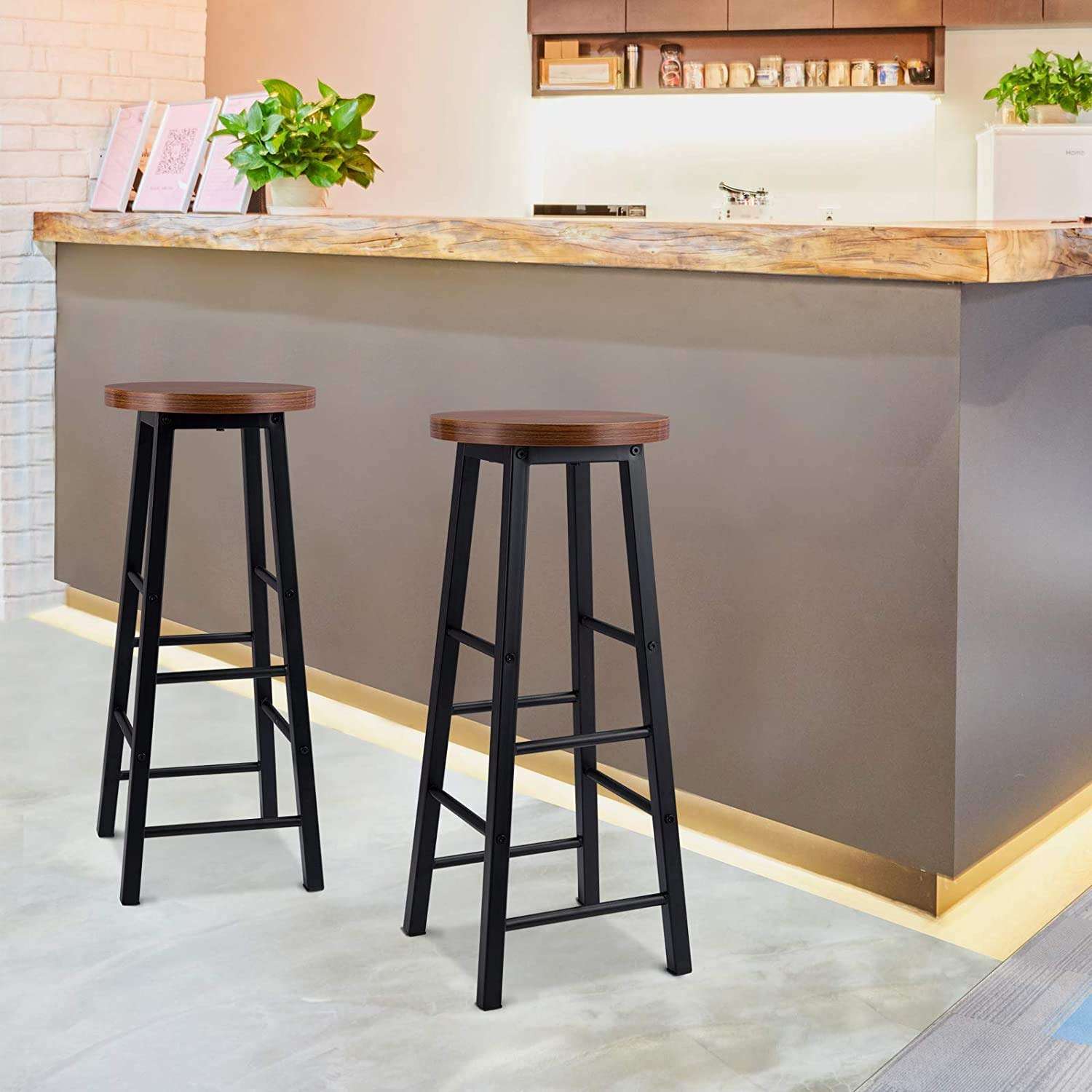 INDIAN DECOR. 45170 Breakfast Kitchen Counter Bar Stools 1 PCS MDF Seat Seat Bar Chairs Metal Legs Barstools Dark Beech High Stools 2