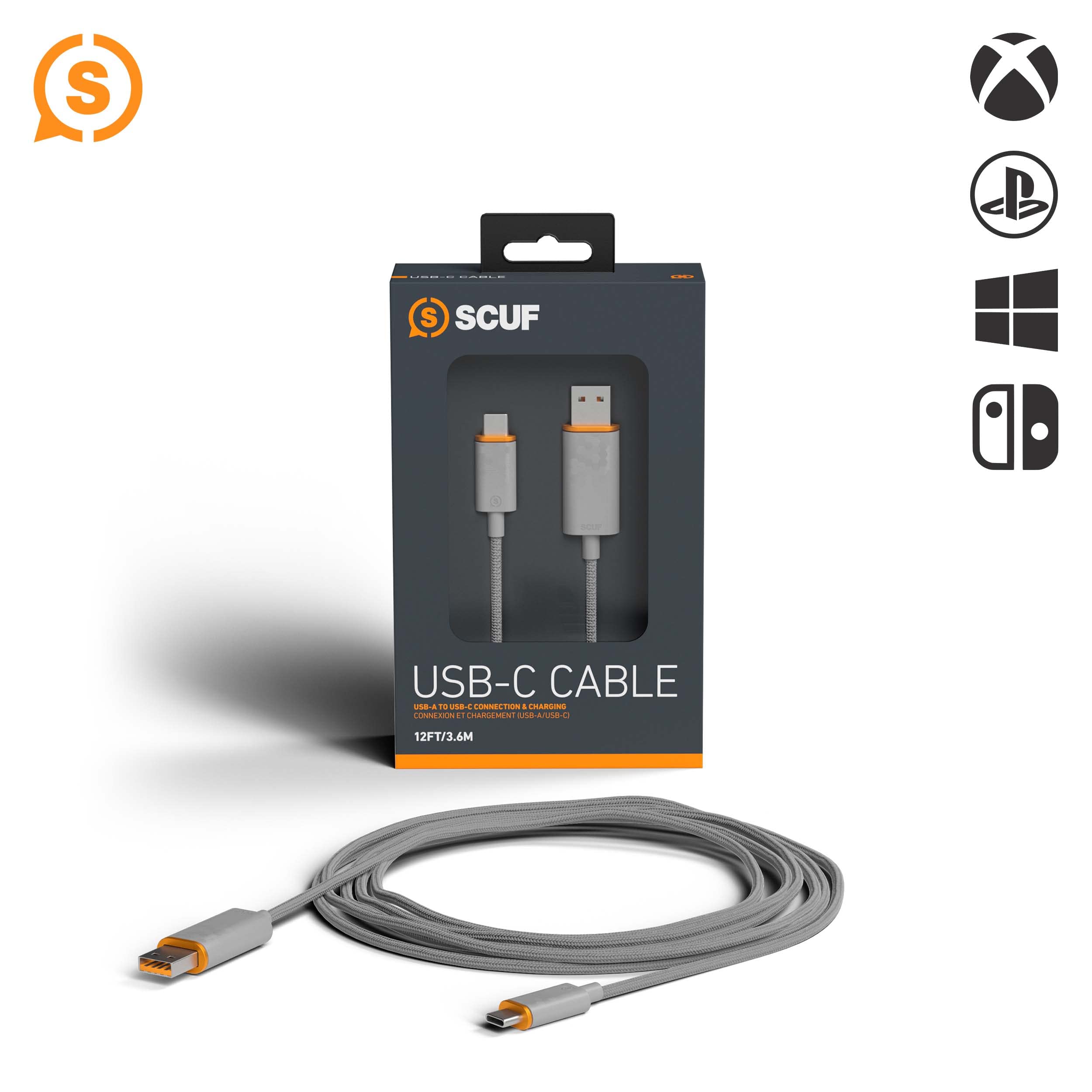 SCUF Braided USB-C Cable - Light Gray 6 feet / 2 Meters USB Type C Connection and Charging for Xbox Controllers, PS5 Controllers, and Smart Phones - Xbox Series X; 1