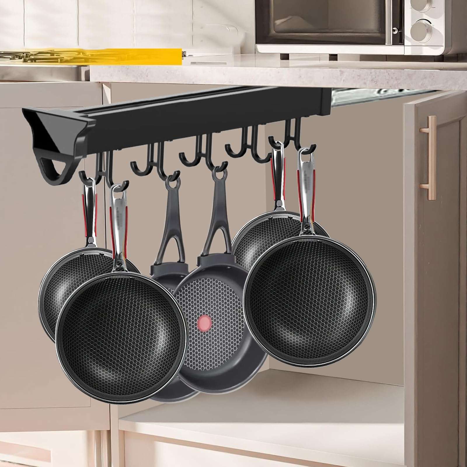 Pull Out Hanging Pot Rack Organizer for Cabinet - Load 75lbs, 12 Hooks, Expandable Sliding Rail, Broom Storage, Garage Hanger - Multifunctional Utility Organizer 1