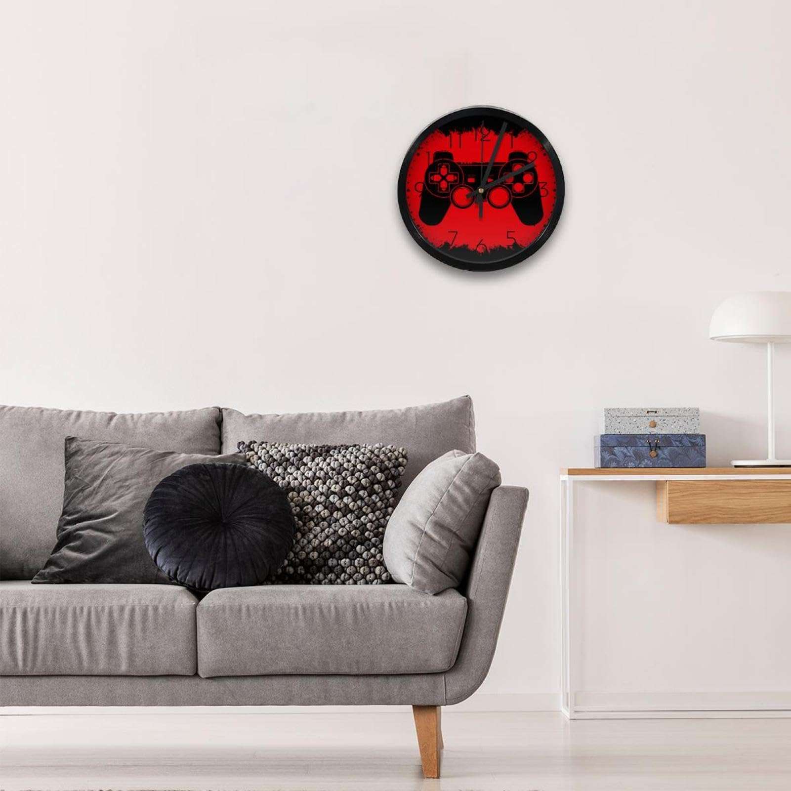 Game Joystick on Red Grunge Background Non-Ticking Wall Clocks, Battery Operated Silent Wall Clock for Bedroom Living Kitchen Office Home Art Decor 6