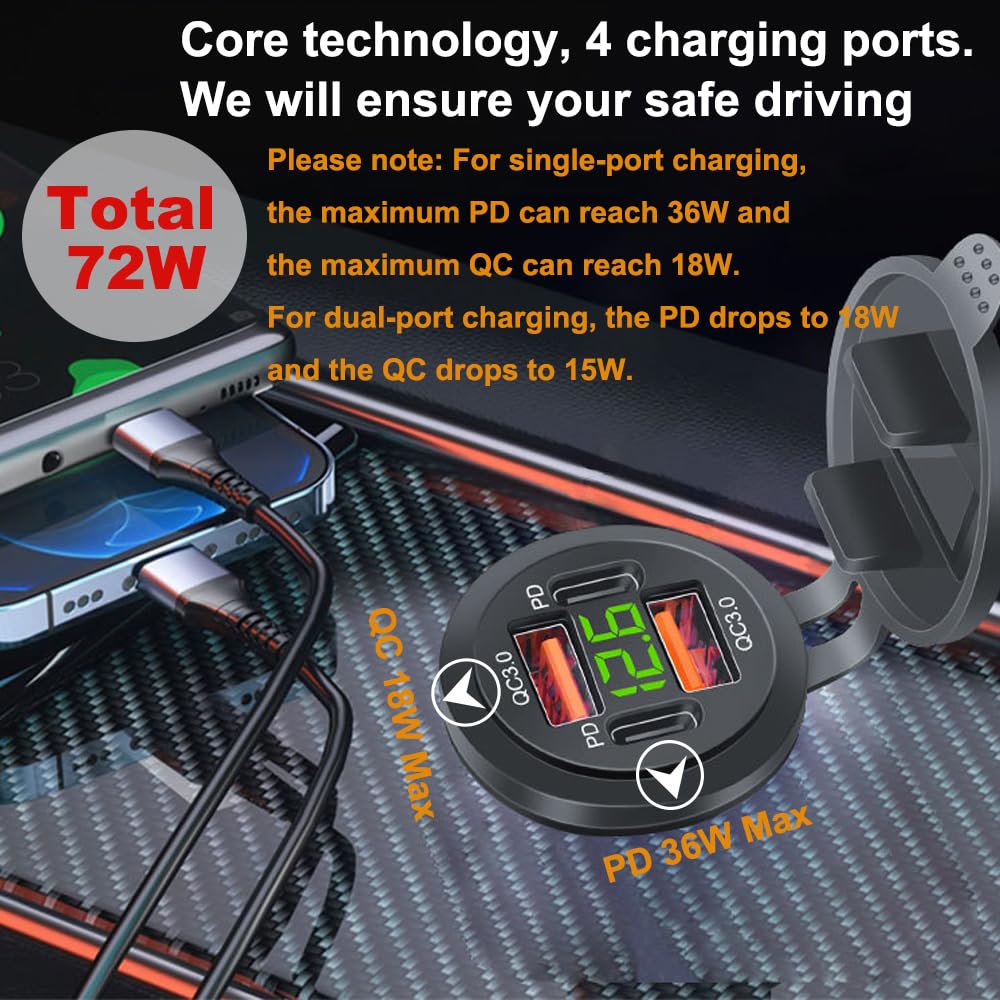 Kework 4 Ports USB Car Charger Total 72W, DC 12-24V, USB C PD Max 36W, USB A QC Max 18W, Dashboard Flush Mount Charge Outlet Socket for RV Bus Boats Truck, Blue Light 6