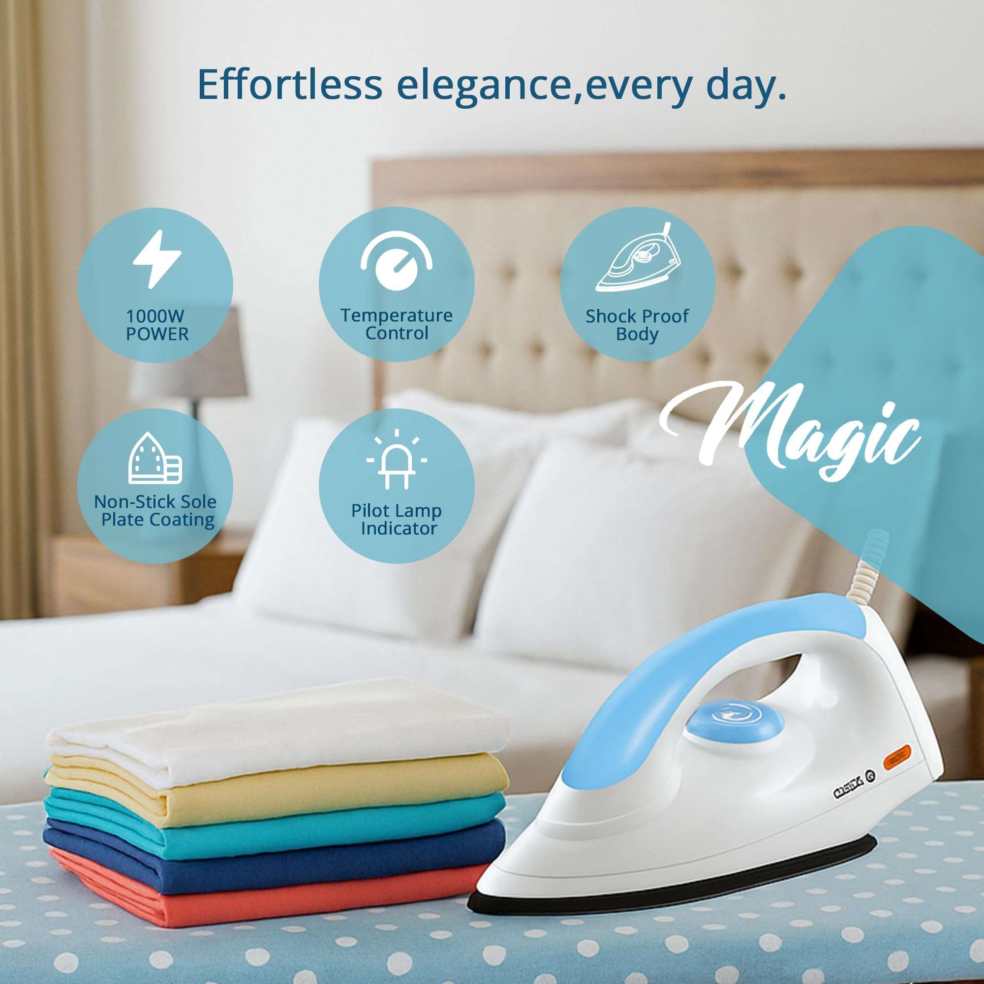 IBELL MAGIC 1000 Watts Dry Iron for Clothes with 3 Years Warranty, Non-Stick Soleplate, Adjustable Temperature Control, Shock Proof Body, Pilot Lamp Indicator, Compact and Lightweight Design 4