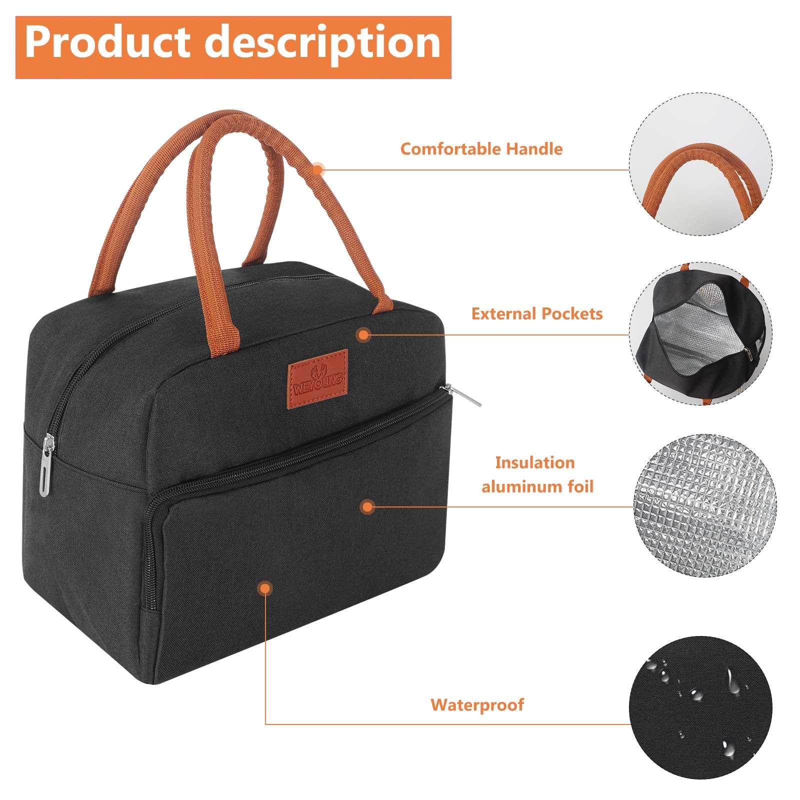 CCidea Lunch Bag for Women/Men, Insulated Lunch Box Bag for Women Adult Men, Small Leakproof Lunch Tote Bag, Reusable Lunch Cooler bag Container for Work/Office/Picnic/Travel -Black 3