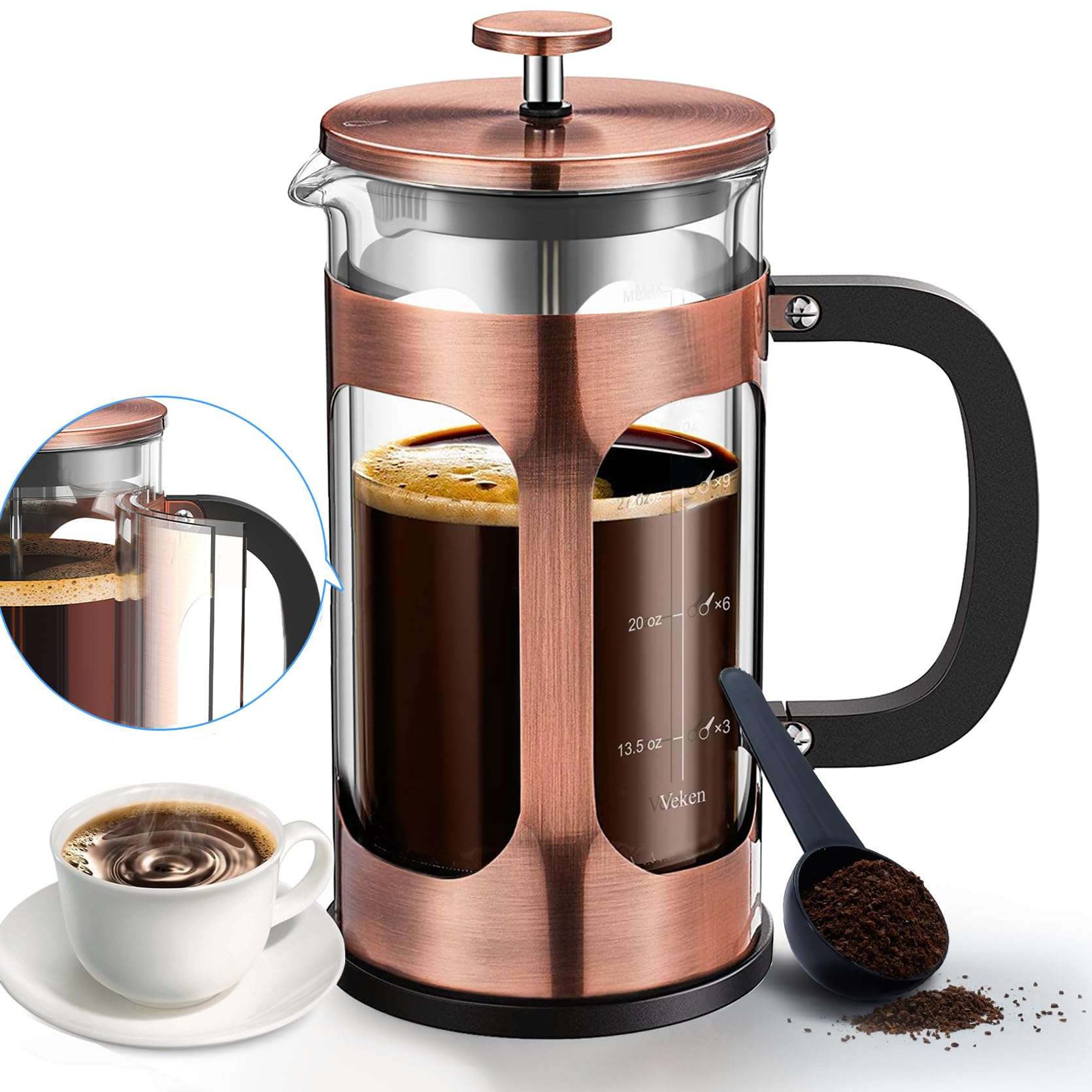 Veken French Press Plunger Coffee Maker Cafetière, Double Wall Heat Resistant Borosilicate Glass Coffee Press,Cold Brew Coffee Pot for Kitchen and Gifts, Dishwasher Safe, Copper (27 Ounce/800 ml) 1