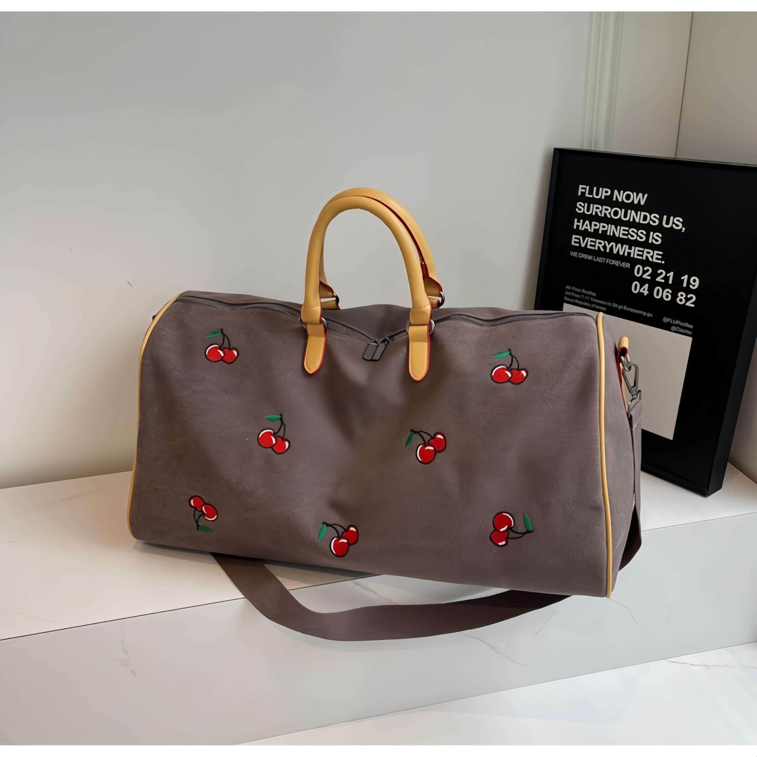 Cherry Print Travel Organizer Bag – Large Capacity Stylish Luggage Tote, Essential for Home and Travel, Fits on Trolley Handles (Coffee Color) 3