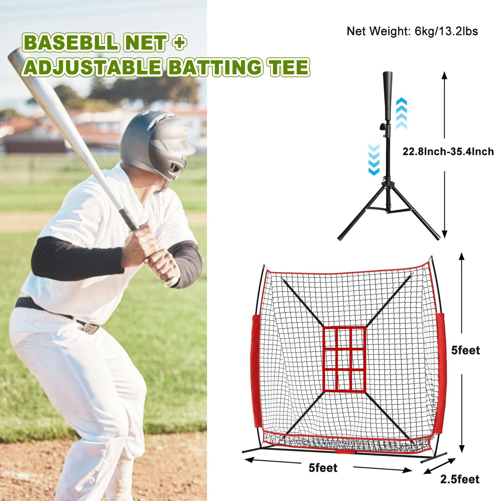 Vaolvpant 7x7 Ft Baseball & Softball Practice Hitting & Pitching Net with Strike Zone and Carry Bag Easy Installation Portable Baseball Pitching Net for Indoor/Outdoor Use with Tee 3