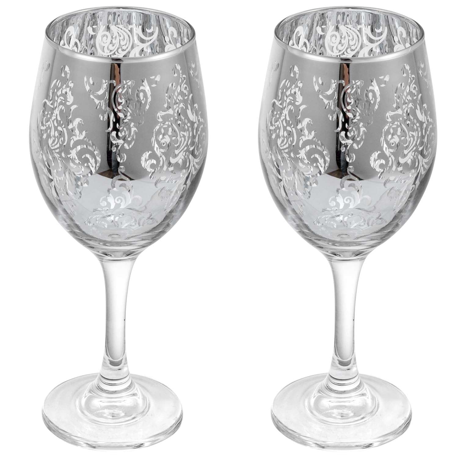 MyGift 10 oz Stemmed Wine Glass Glassware Duo with Silver Mirror Finish Etched in Baroque Pattern, Elegant Wine Drinking Glasses for Dinner Party or Wedding, Set of 2 1