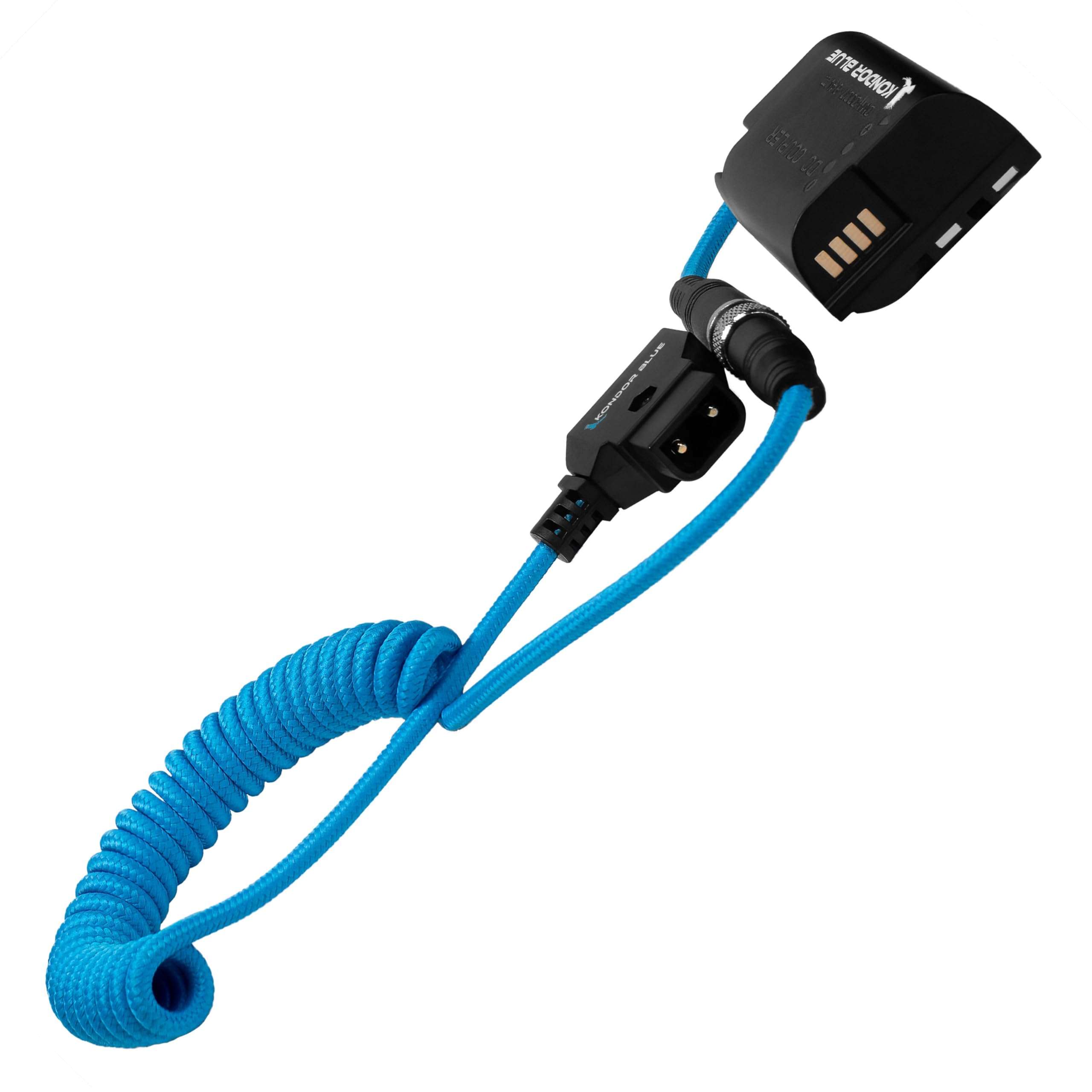 KONDOR BLUE | D-Tap to DMW-BLK22 Coiled Dummy Battery Cable for Lumix S1RII/GH7/S5IIX/GH5/GH6 | 20"-36", Ultra-Durable, & Nylon Braided with Reinforced Connectors | Blue 4