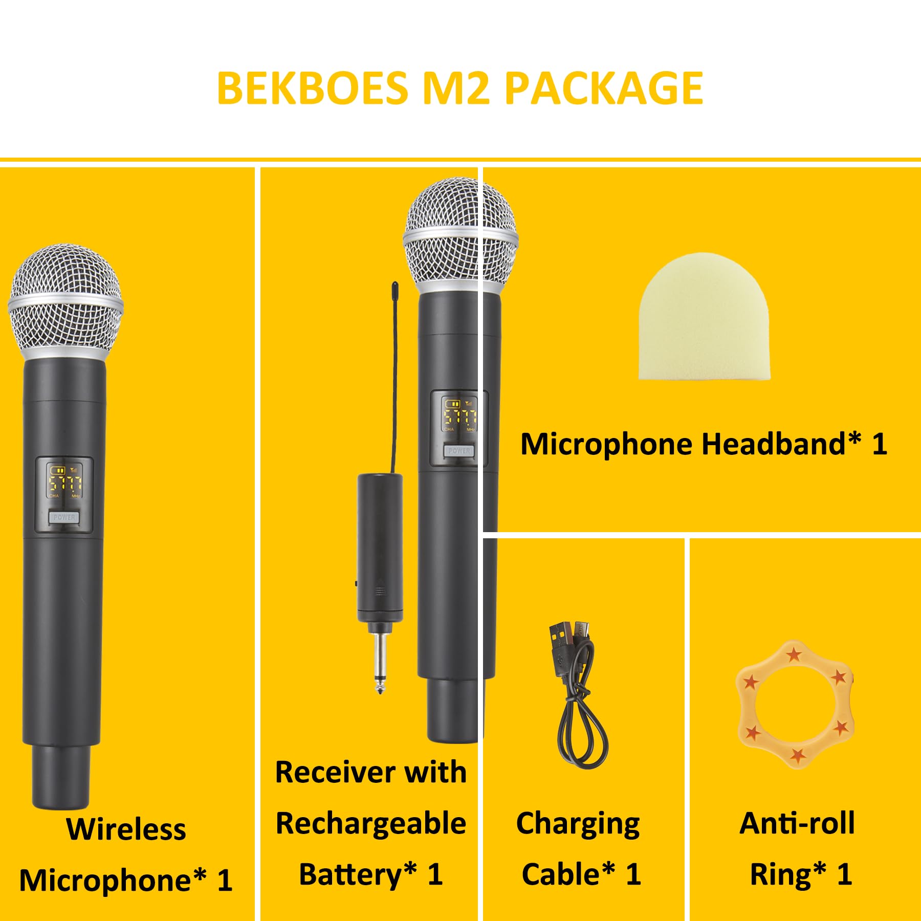 BEKBOES Rechargeable Wireless Handheld Microphone, UHF Microphone Handheld Dynamic Wireless Mic, Cordless UHF Mic for Singing, DJ, Karaoke, Wedding, Party, Speech, Church, M1 5