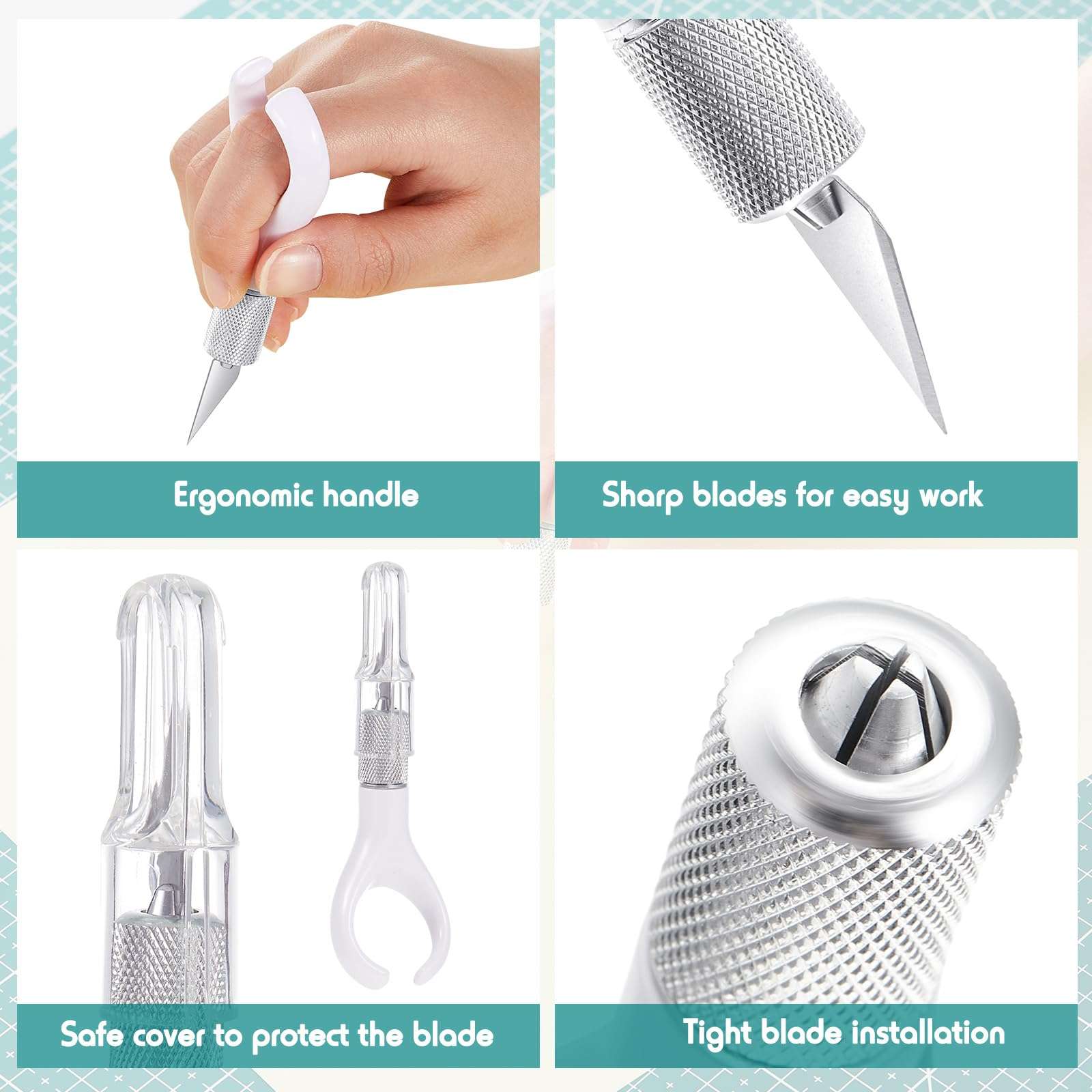 Lasnten 8 Pack Fingertip Craft Knife 4.2 Inch Finger Detail Knife with Blades Ergonomic Hobby Handle with Finger Grip Cutting Tool for Precision Cutting and Trimming, 20 Pcs Blades 6