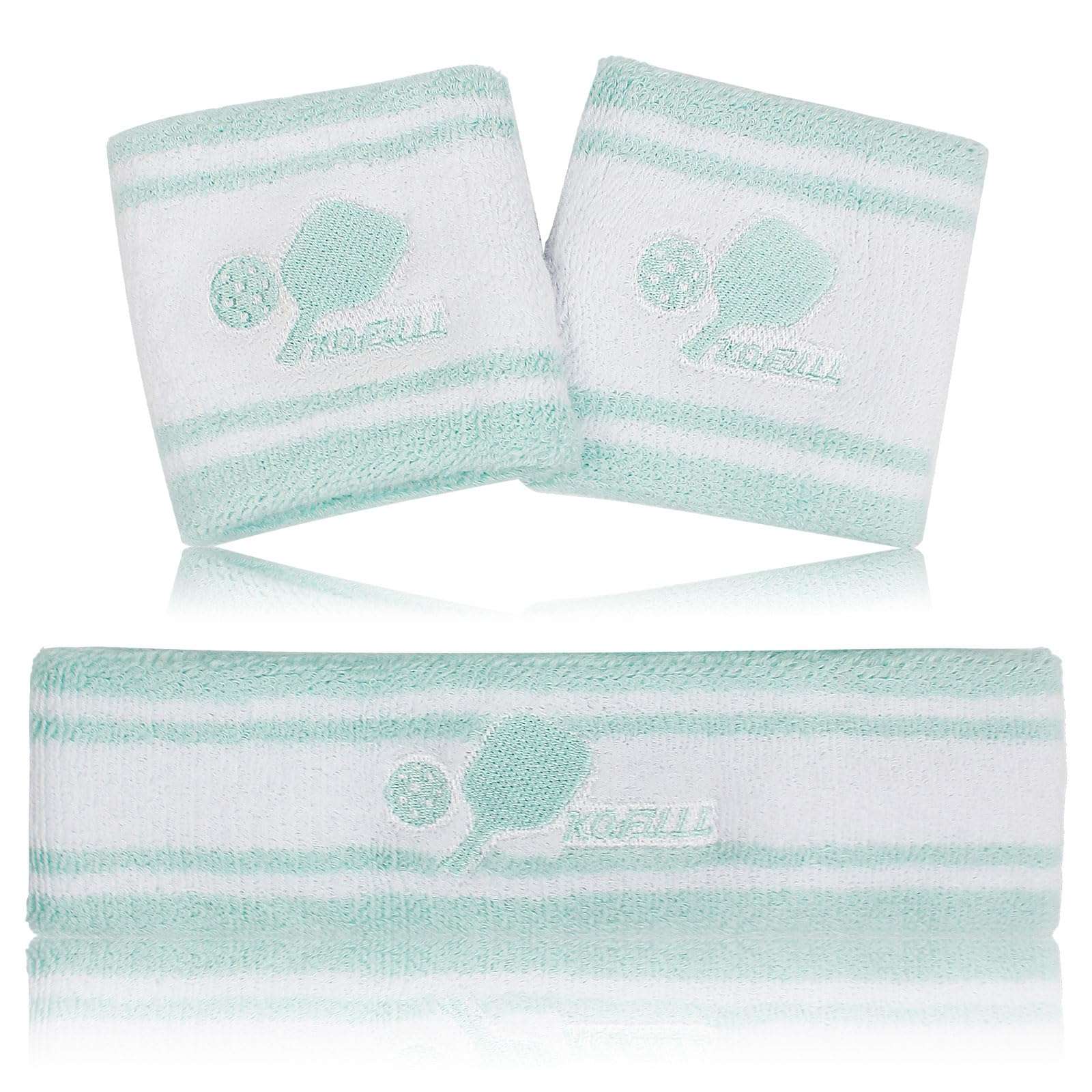 KOFULL Pickleball Sweatbands, Pickleball Headband, Tennis Headband, Pickleball Gifts for Pickleball Golf Tennis, Sweatbands Headband Wristband Set (Sweat Bands Headbands Men Women), Light Green 1