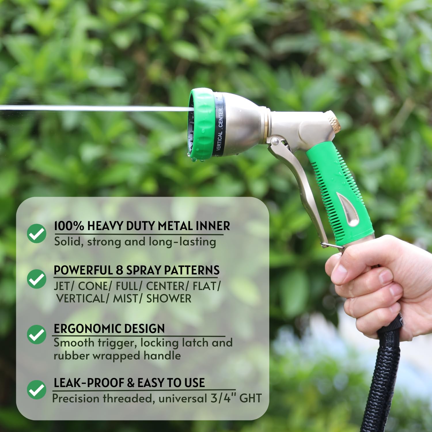 HOSUN Garden Hose Nozzle Sprayer Heavy Duty, 100% Metal Water Hose Nozzle with 8 Spray Patterns, High Pressure Hose Spray Nozzle with Non-Slip Grip for Watering Plant & Lawn, Washing Car & Pet, Green 4
