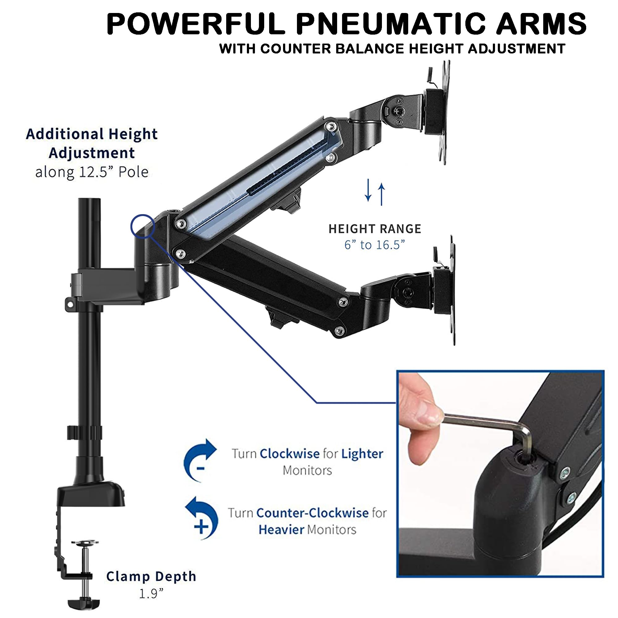 Dual Monitor Stand, Height Adjustable, Pneumatic Dual Monitor Arm Mount for 17 to 32 inch Screens, Full Articulating Tilt, Heavy Duty VESA Stand with Desk C-clamp and Installation Tools 2