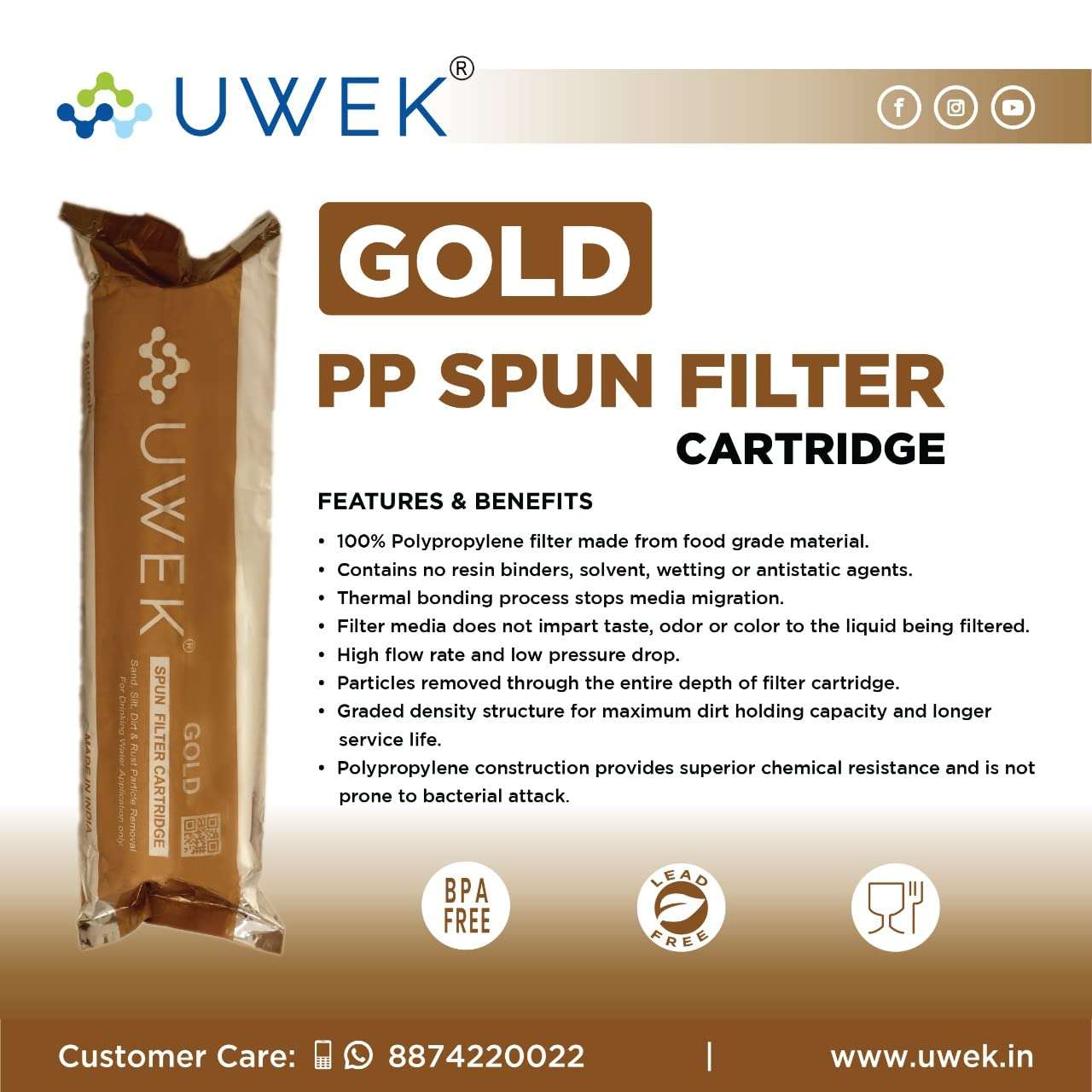 UWEK 5 Micron 10" inch PP Spun pre Filter, Heavy Duty 120 gm with Spanner (6+1) Suitable for RO Water Purifier (Pack of 7 item) 2