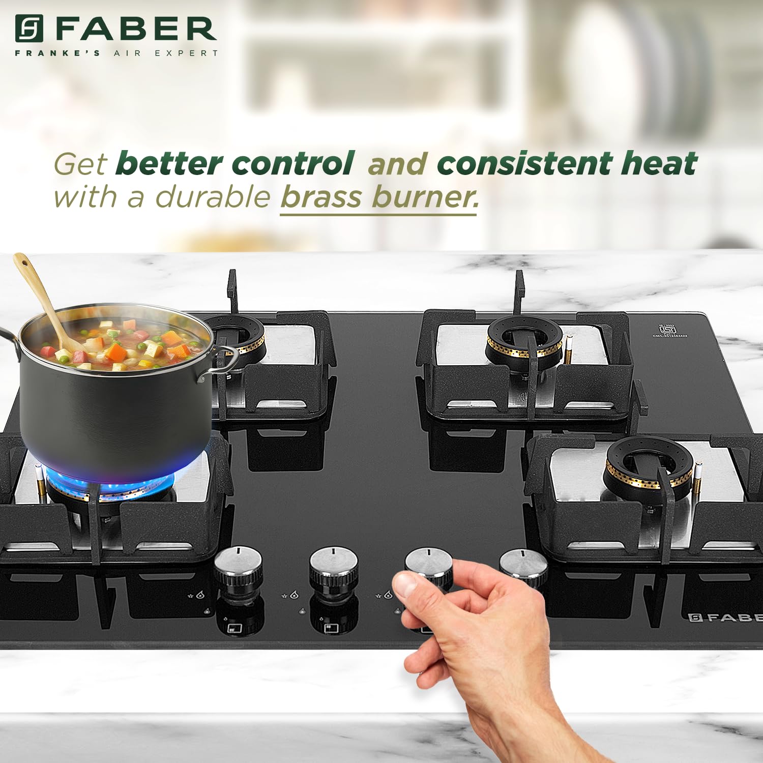 Faber 4 Burner HCT 65 cm Hob| Brass Burners| Bakelite Knobs| Cast Iron Pan Support | Hob/Cooktop Hybrid Toughened Glass |Auto Ignition| 2 Yrs Comprehensive Warranty by Faber| HCT 654 CRR LBK EI AI 6
