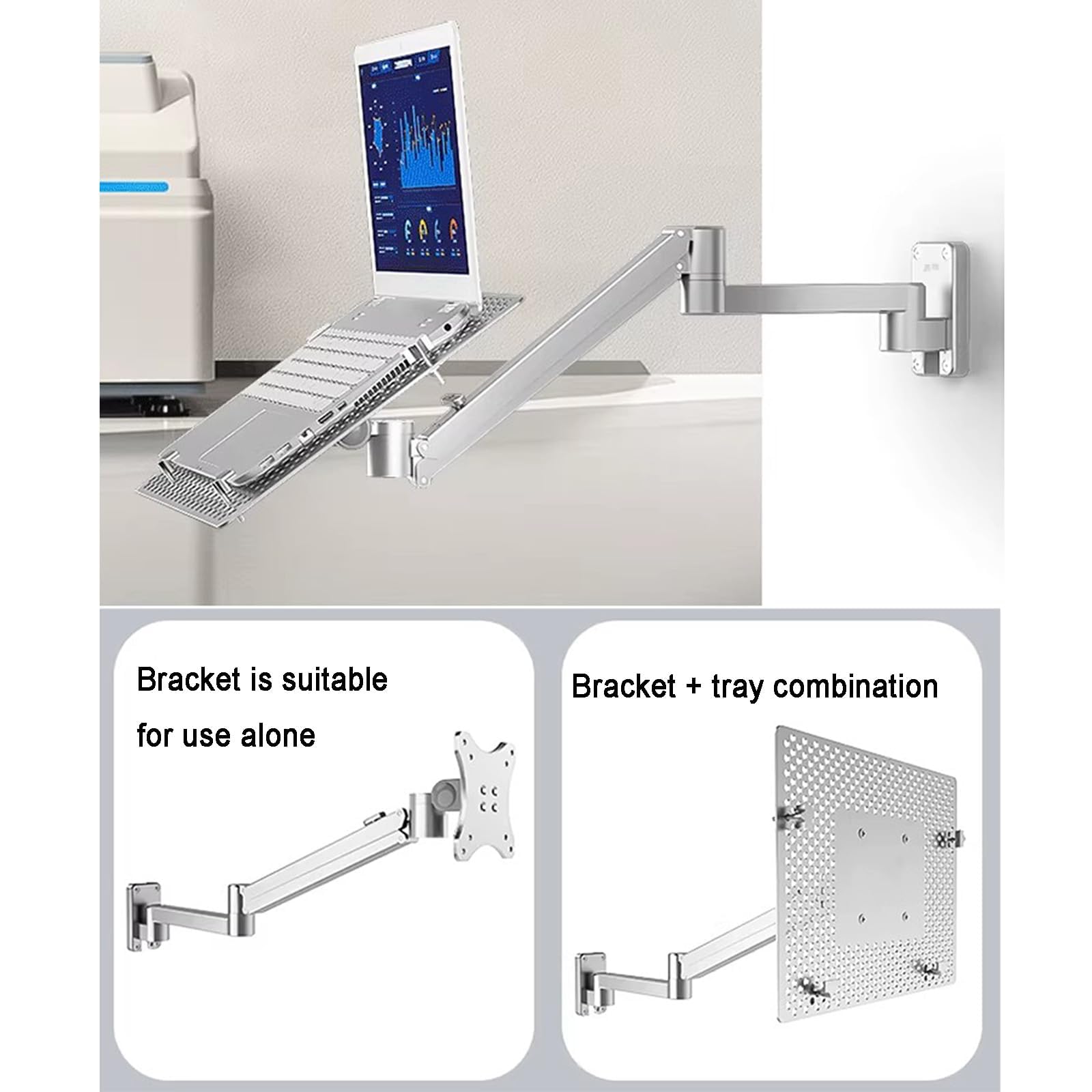 COYEUX Laptop Wall Mount, Adjustable Height and Angle, with Aluminum Alloy Tray, Holds 6kg, for Office, Workstation 3